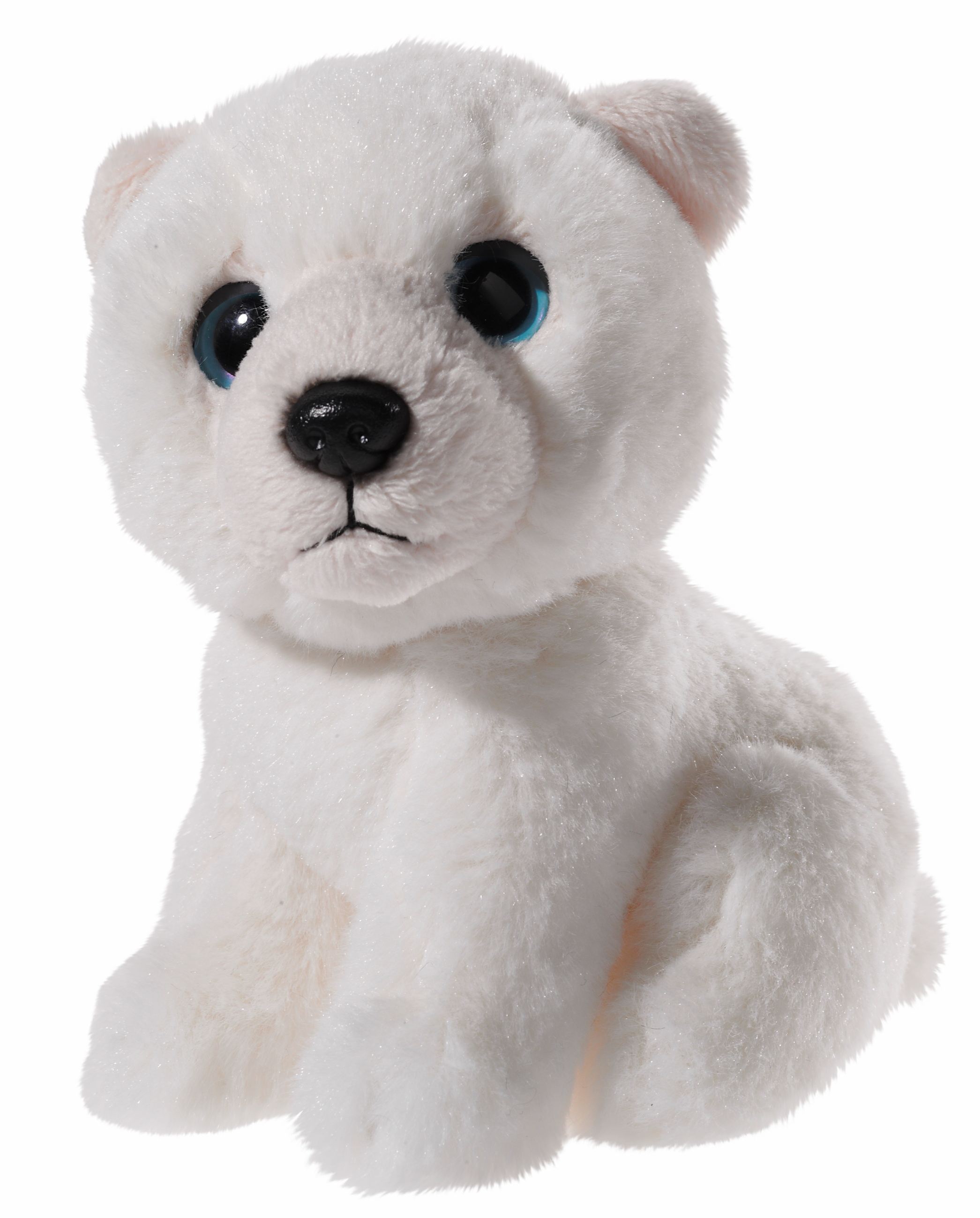 Peluche di cucciolo di orso polare bianco con occhi blu, seduto e rivolto in avanti.