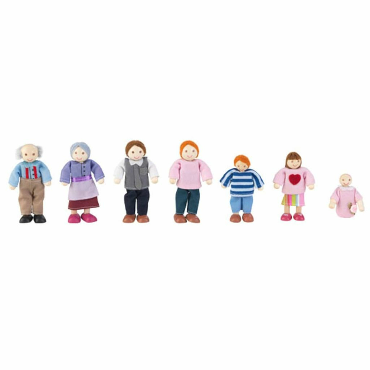 Una famiglia di legno composta da sette bambole, che rappresentano nonni, genitori e figli, su sfondo bianco.