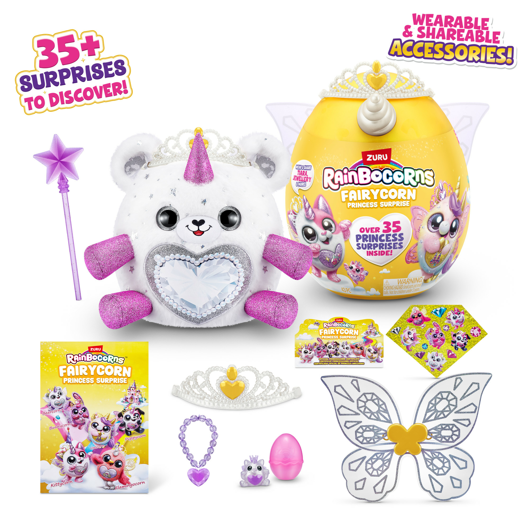 Kolekcja zabawek i akcesoriów Rainbocorns Fairycorn ułożonych na powierzchni.