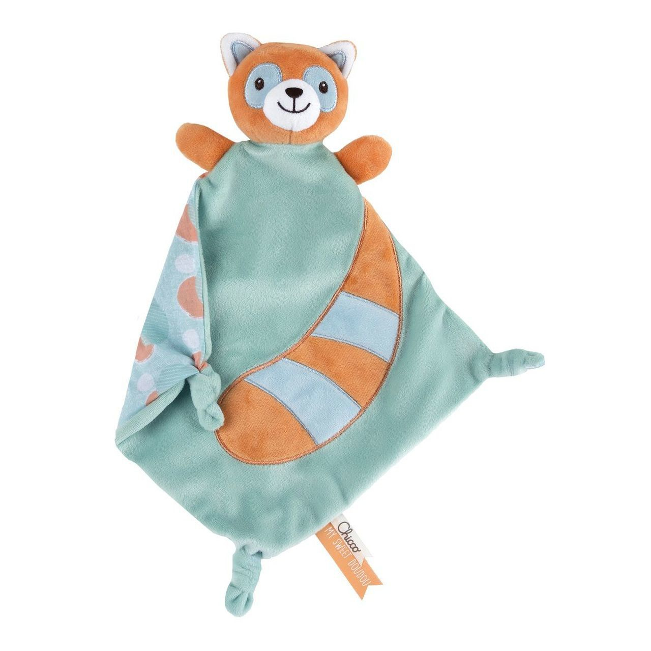 Peluche panda rosso con una coperta. Dettagli arancioni, blu e bianchi.