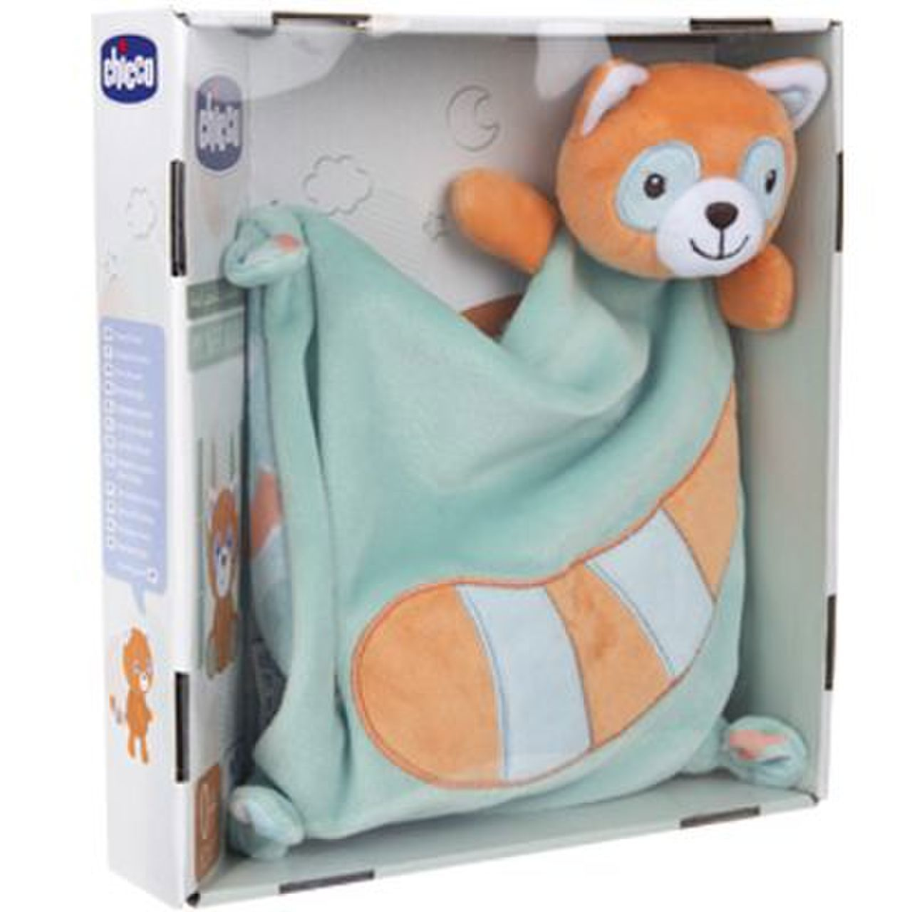 Un peluche di panda rosso in una scatola, con una coperta. Sfondo bianco.