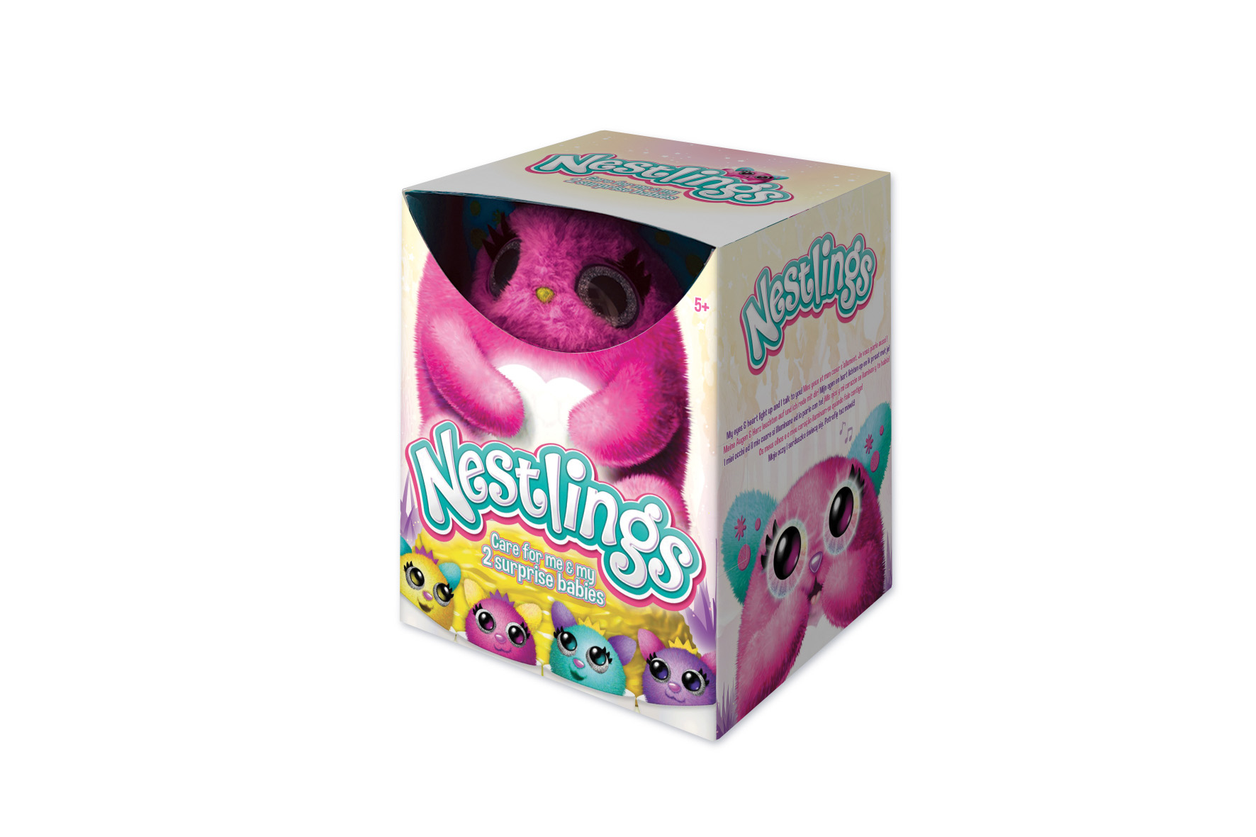 Un peluche Nestlings in una scatola con il logo Nestlings.