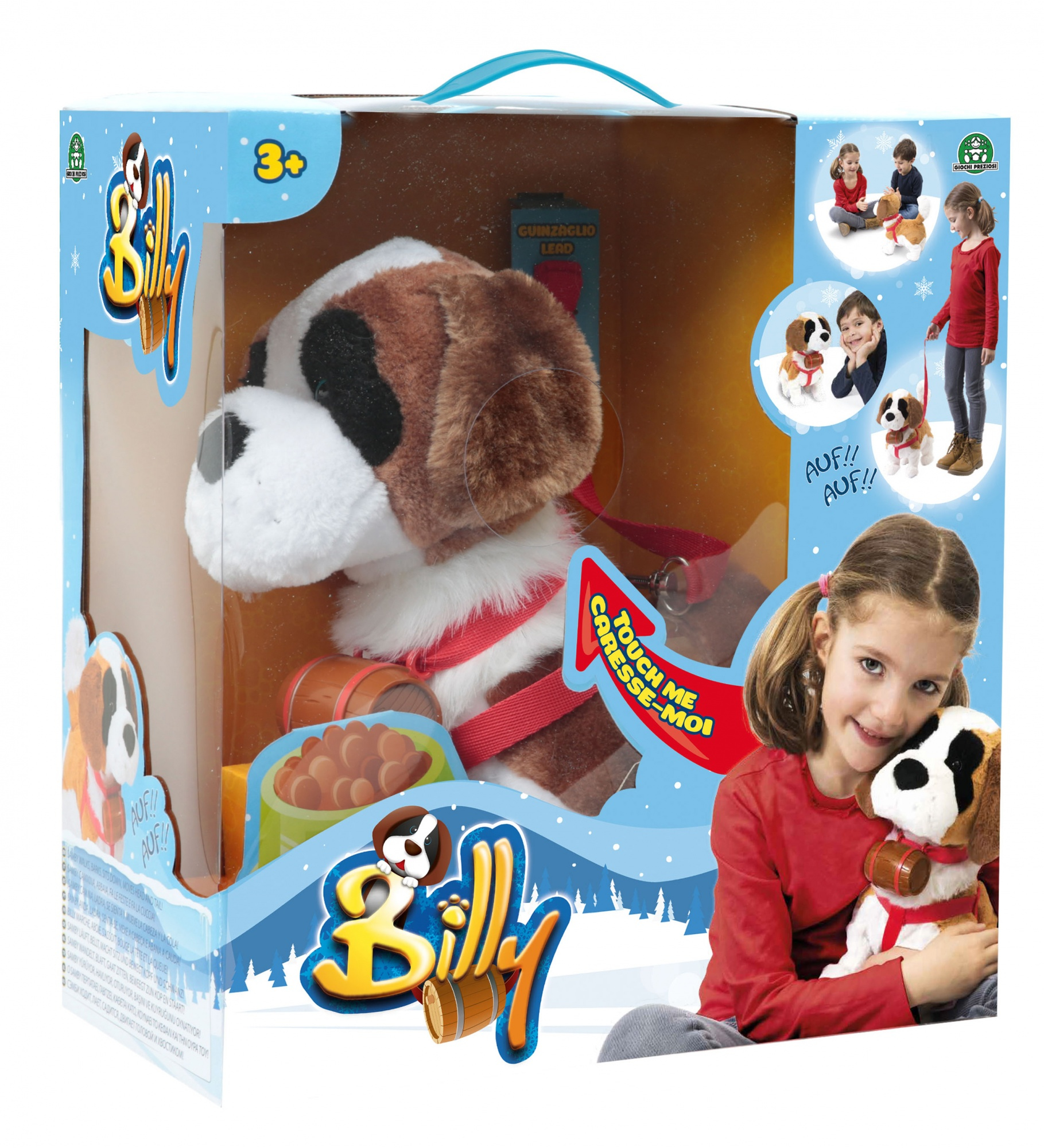 Ein Spielzeughund in einer Box. Ein Mädchen hält einen ähnlichen Spielzeughund.