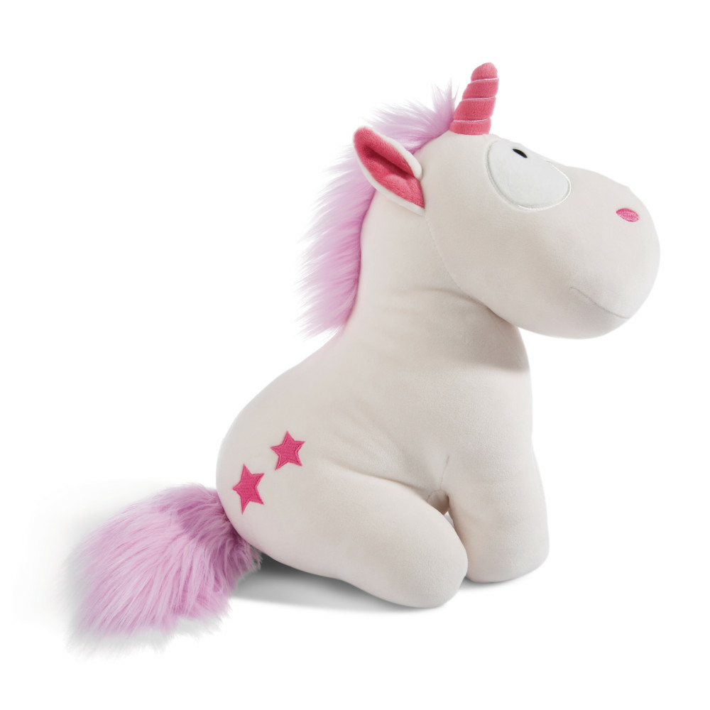 Ein weißes Einhorn-Plüschtier mit rosa Haaren und Sternen an der Seite. Es sitzt auf einer weißen Oberfläche.