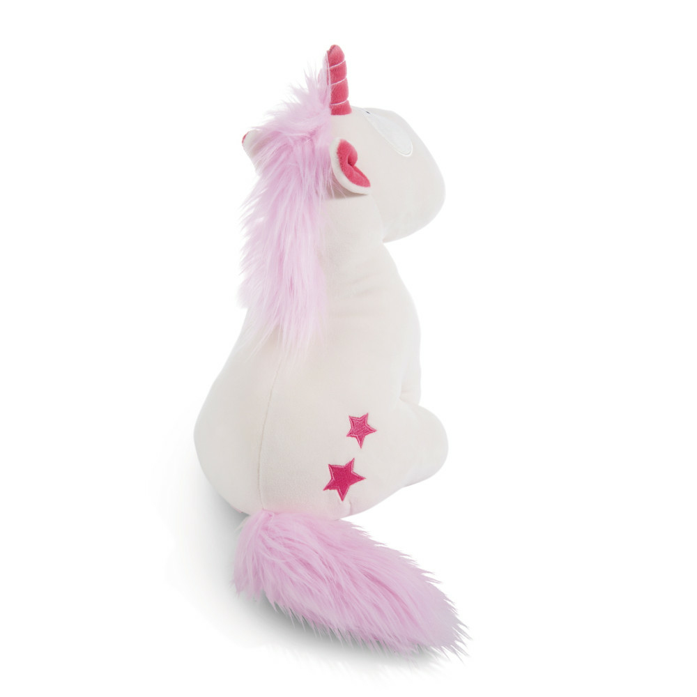 Weißes Einhorn-Plüschtier mit rosa Mähne und Schweif, zwei rosa Sternen.
