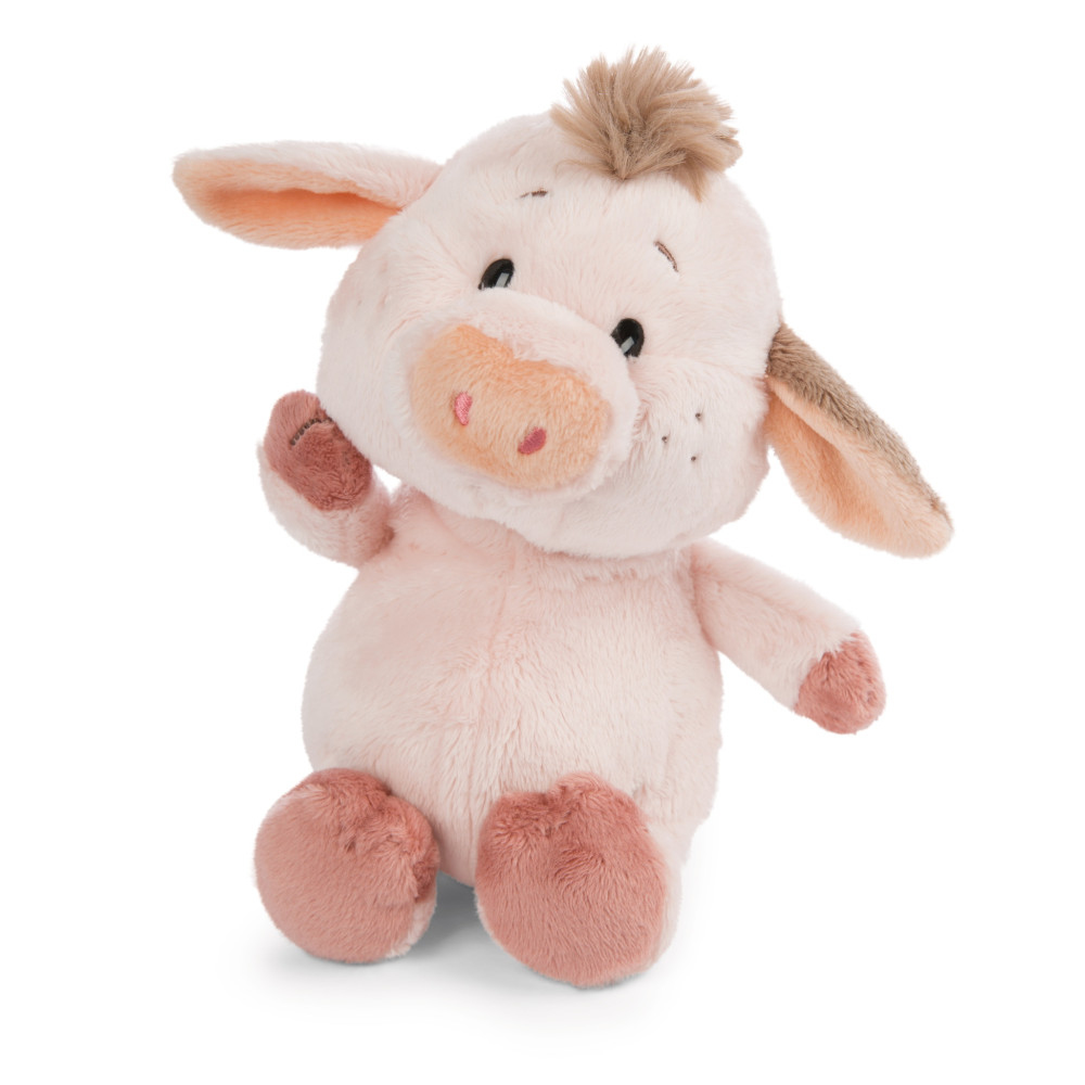 Un peluche a forma di maiale rosa seduto, che saluta con il braccio destro. Ha capelli e orecchie marroni.
