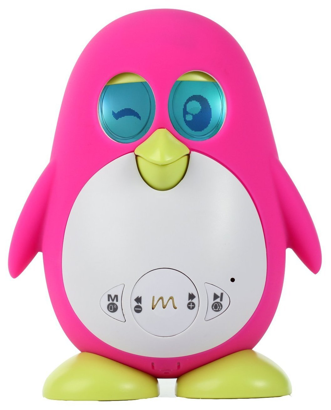 Różowa zabawka pingwina z białym brzuchem i zielonymi stopami. Ma niebieskie oczy i guziki.