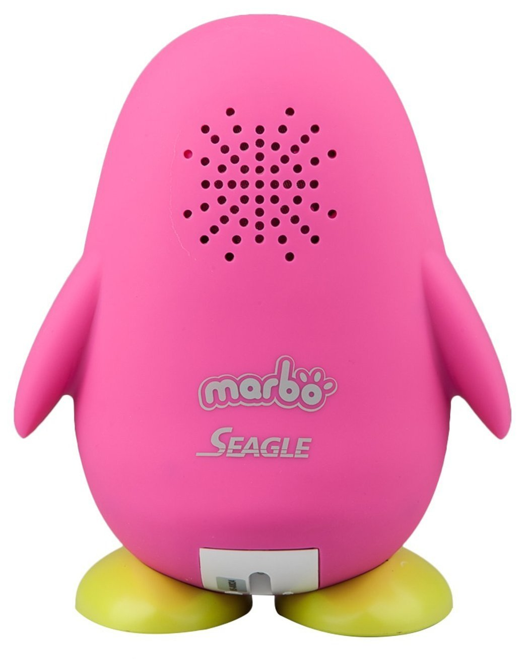 Różowa zabawka pingwina z głośnikiem na plecach i żółtymi stopami. Białe tło.