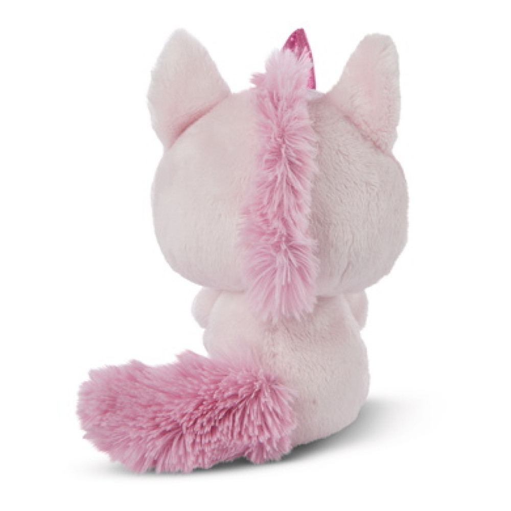 Różowa pluszowa zabawka jednorożca z tyłu z różową grzywą i ogonem.