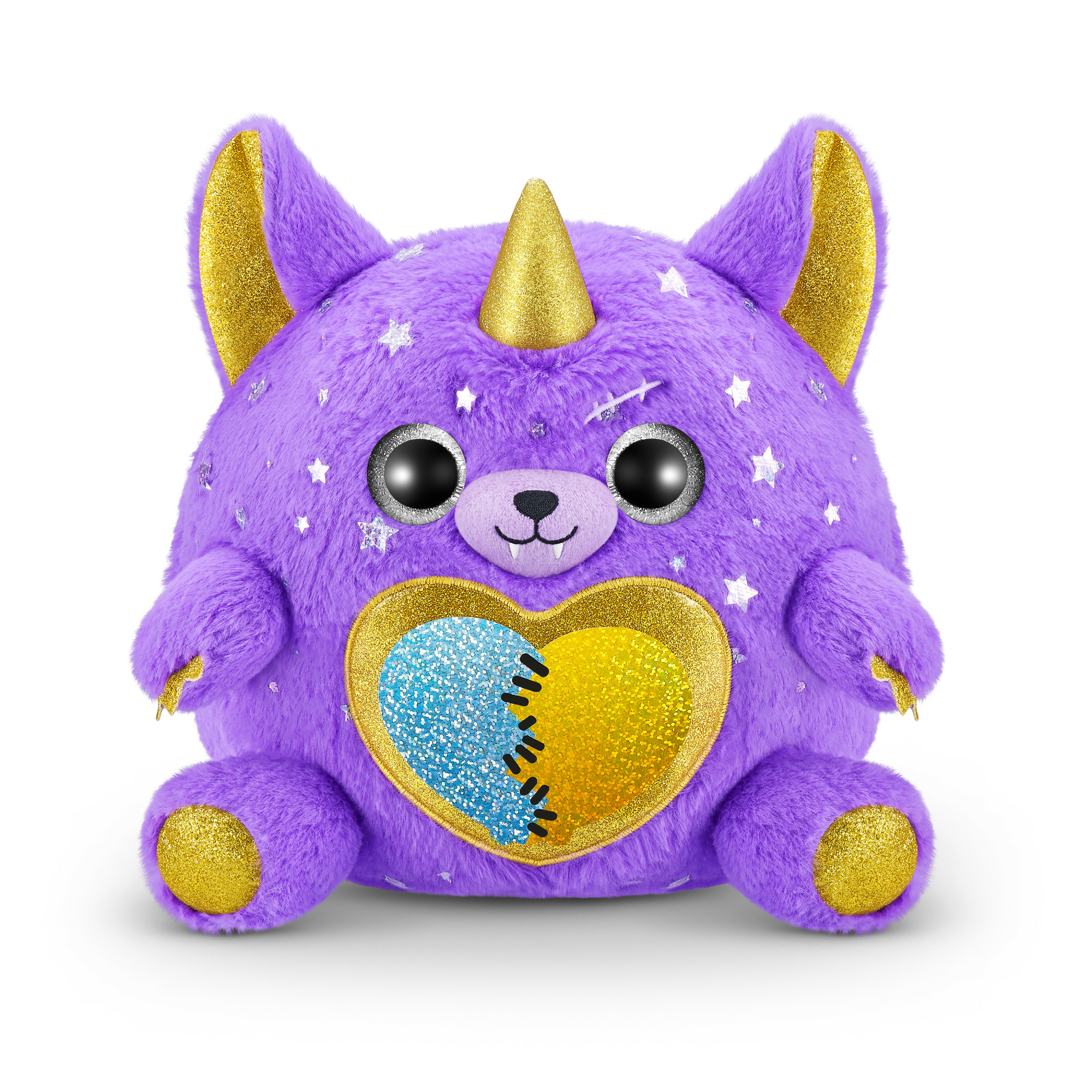 Peluche Rainbocorns viola con dettagli dorati e un cuore.