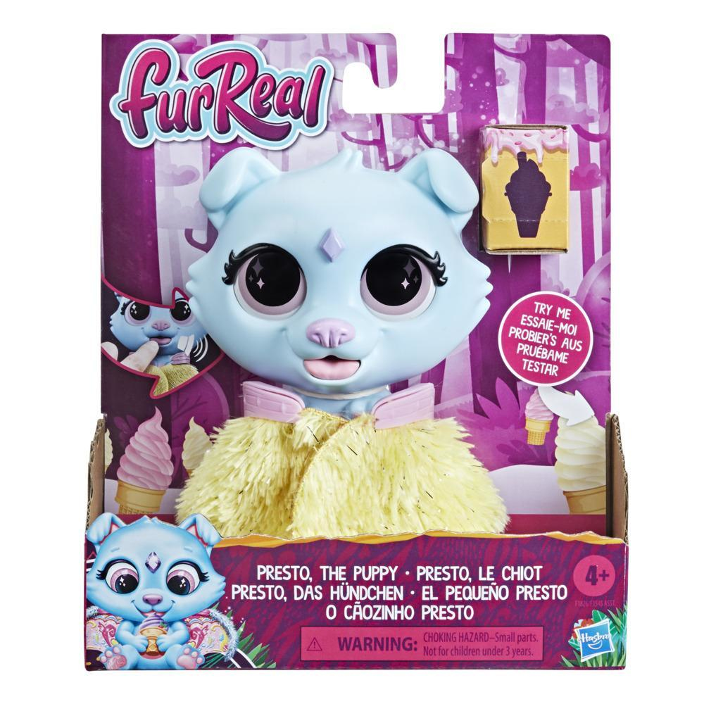 Une boîte à jouets avec un chiot portant une veste jaune et une pancarte indiquant "Essayez-moi". La boîte contient de la crème glacée.