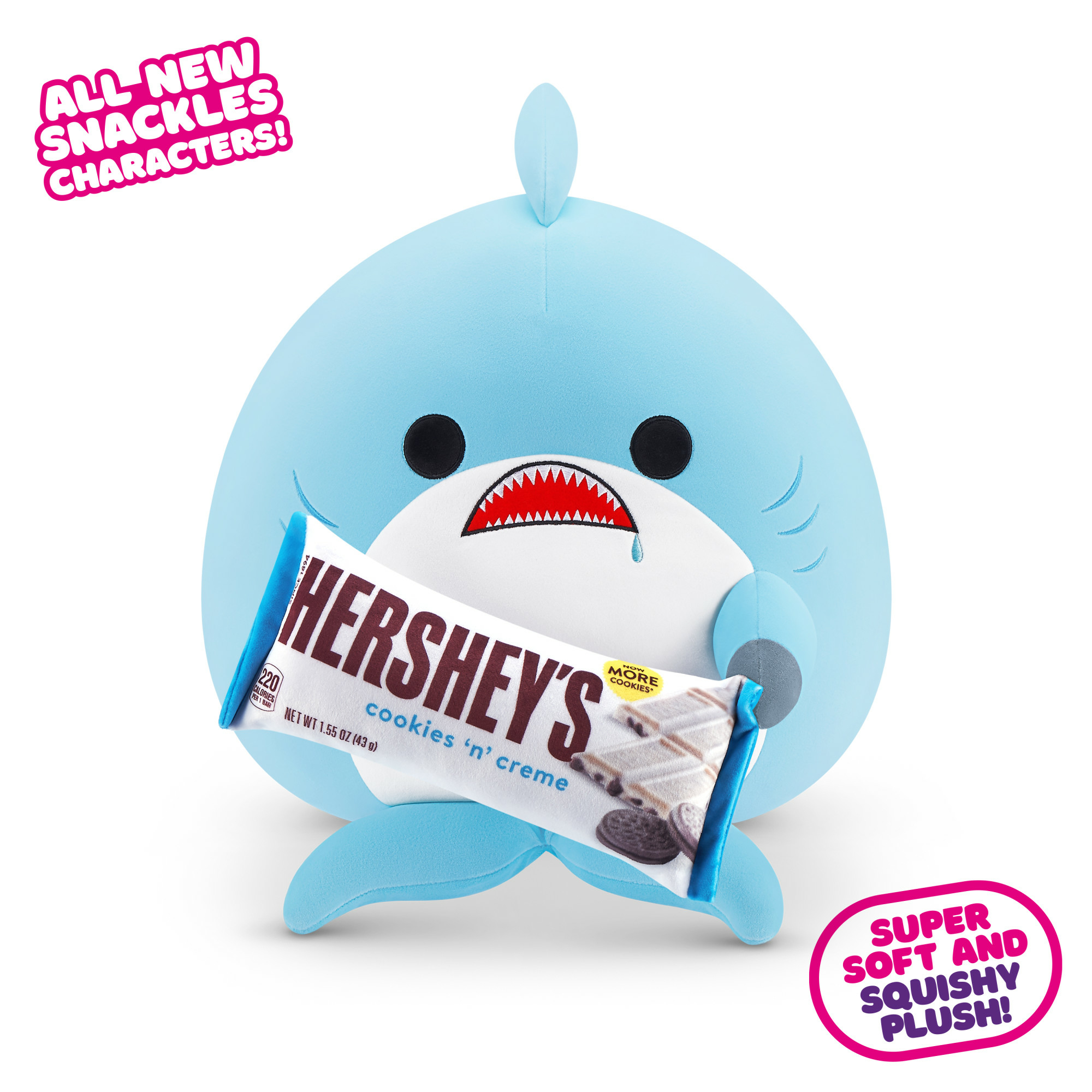 Blaues Hai-Plüschtier hält einen Hershey's Schokoriegel. Es gibt Textblasen.