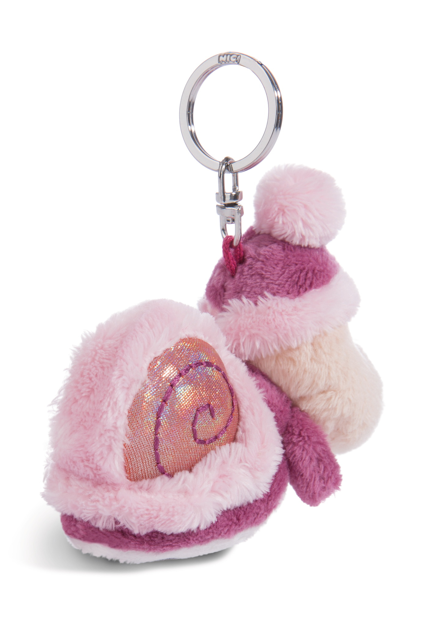 Różowy pluszowy brelok z motywem ślimaka. Ma srebrny pierścień.