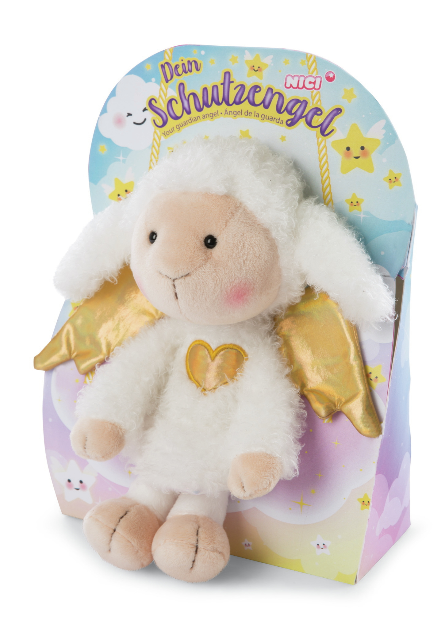 Biała pluszowa owca ze złotymi skrzydłami i sercem na pudełku z gwiazdami.