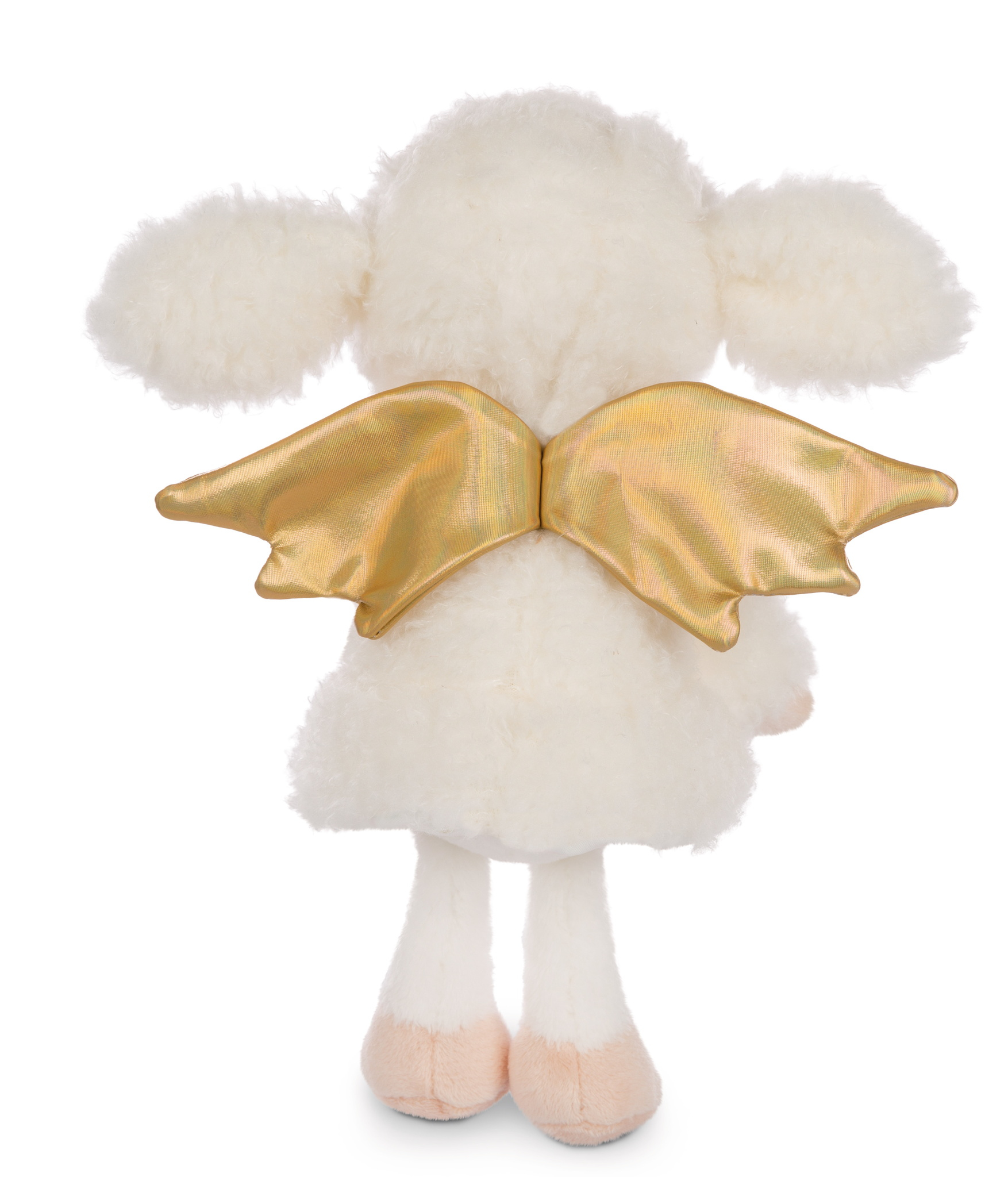 Pluszowa zabawka w kształcie jagnięcia, widoczna z tyłu. Ma złote skrzydła, a nogi są różowe.