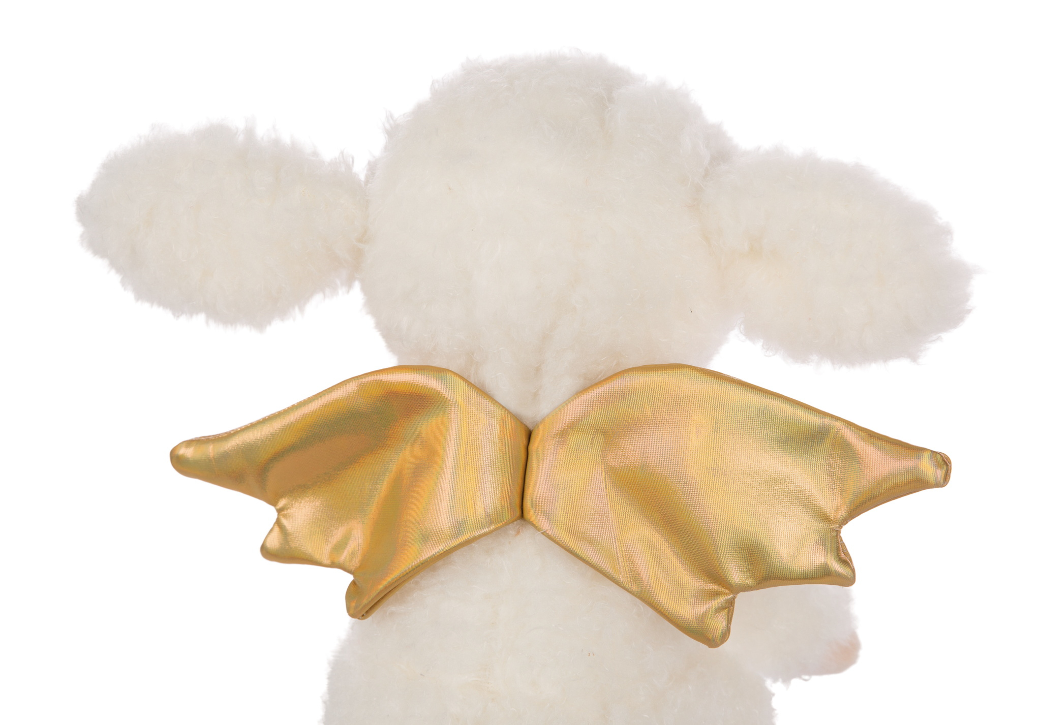 Widok z tyłu białej pluszowej owieczki ze złotymi skrzydłami.