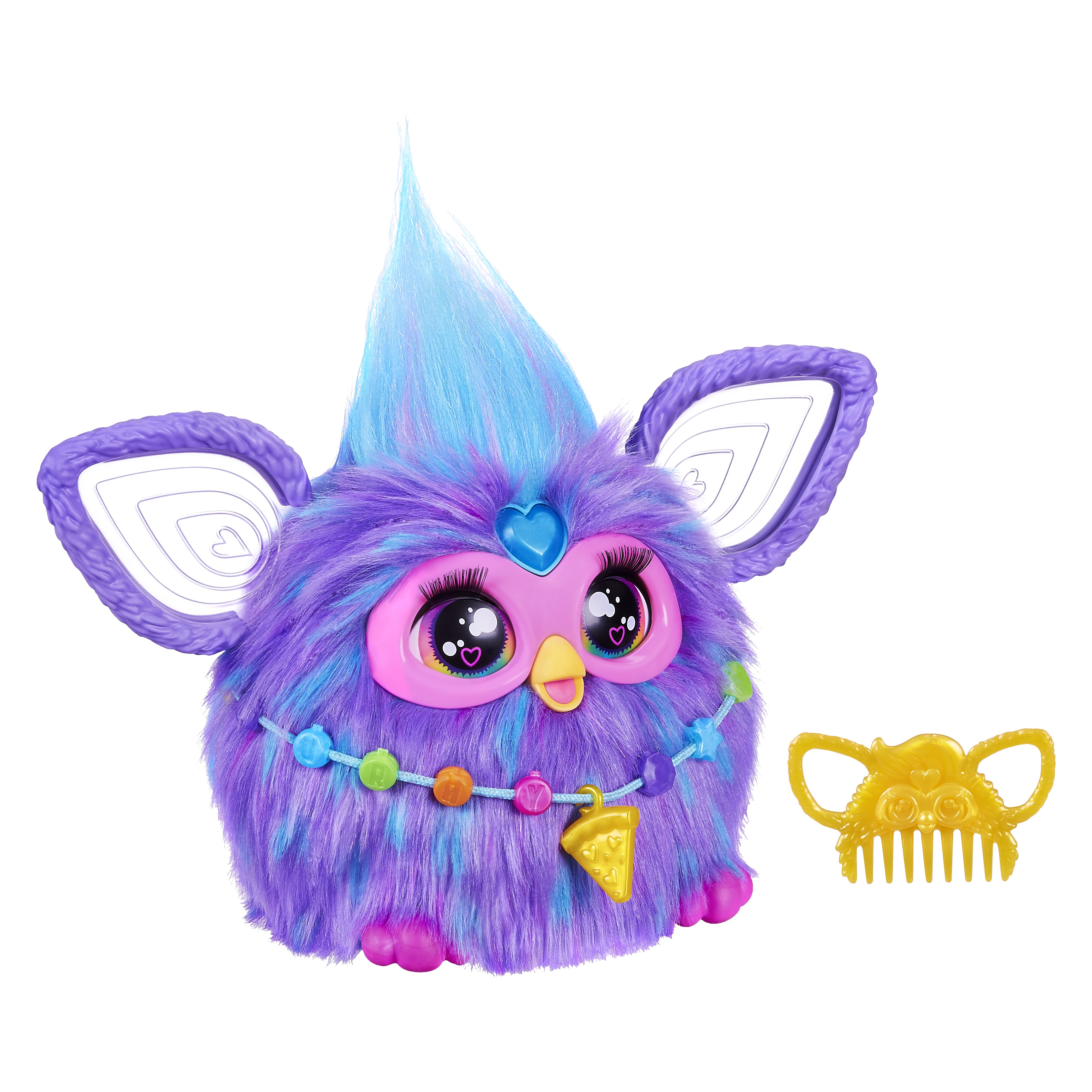 Fioletowa, niebieska i różowa zabawka Furby z żółtym grzebieniem. Ma niebieski grzebień i naszyjnik z koralików.