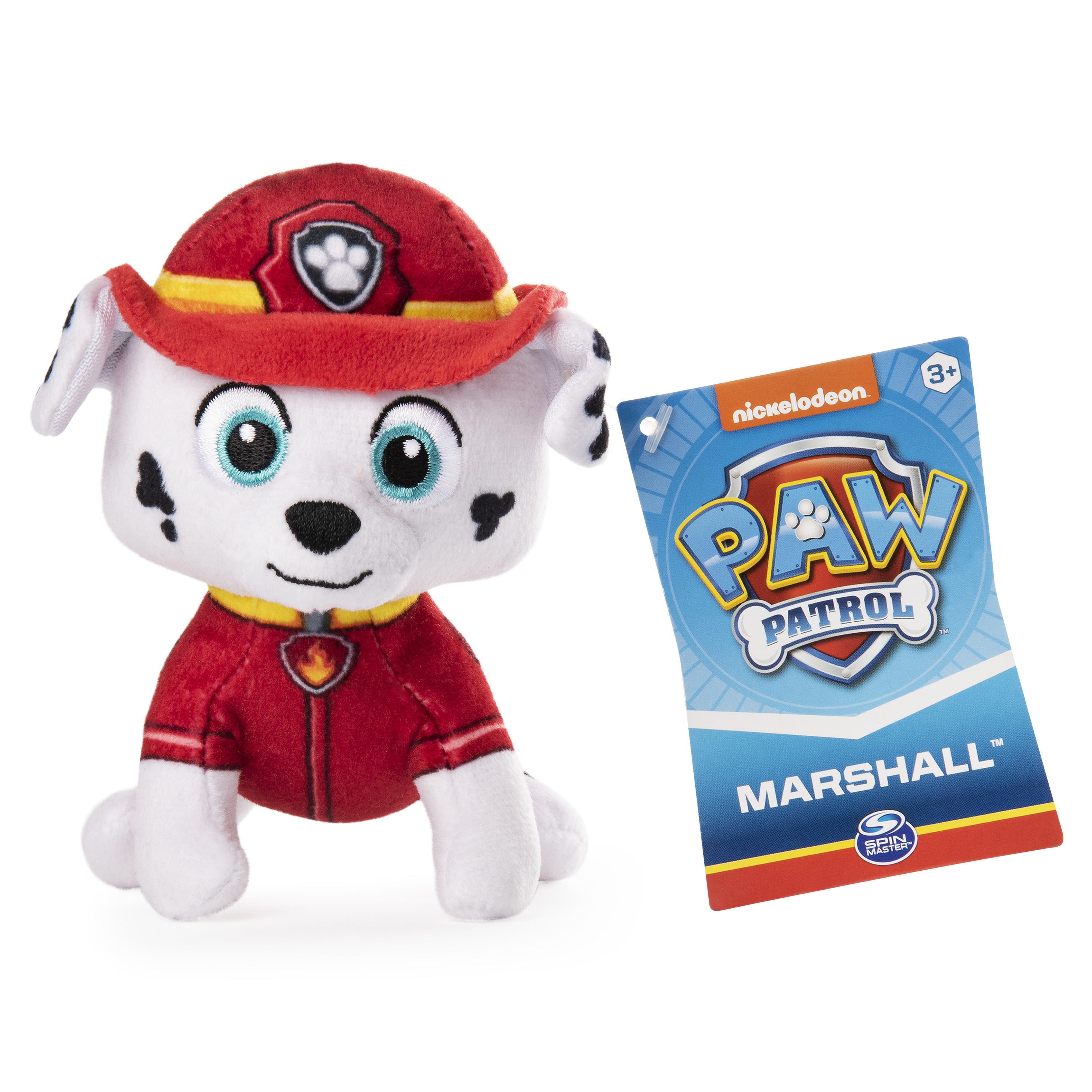 Peluche blanco de Marshall de Paw Patrol con una tarjeta.