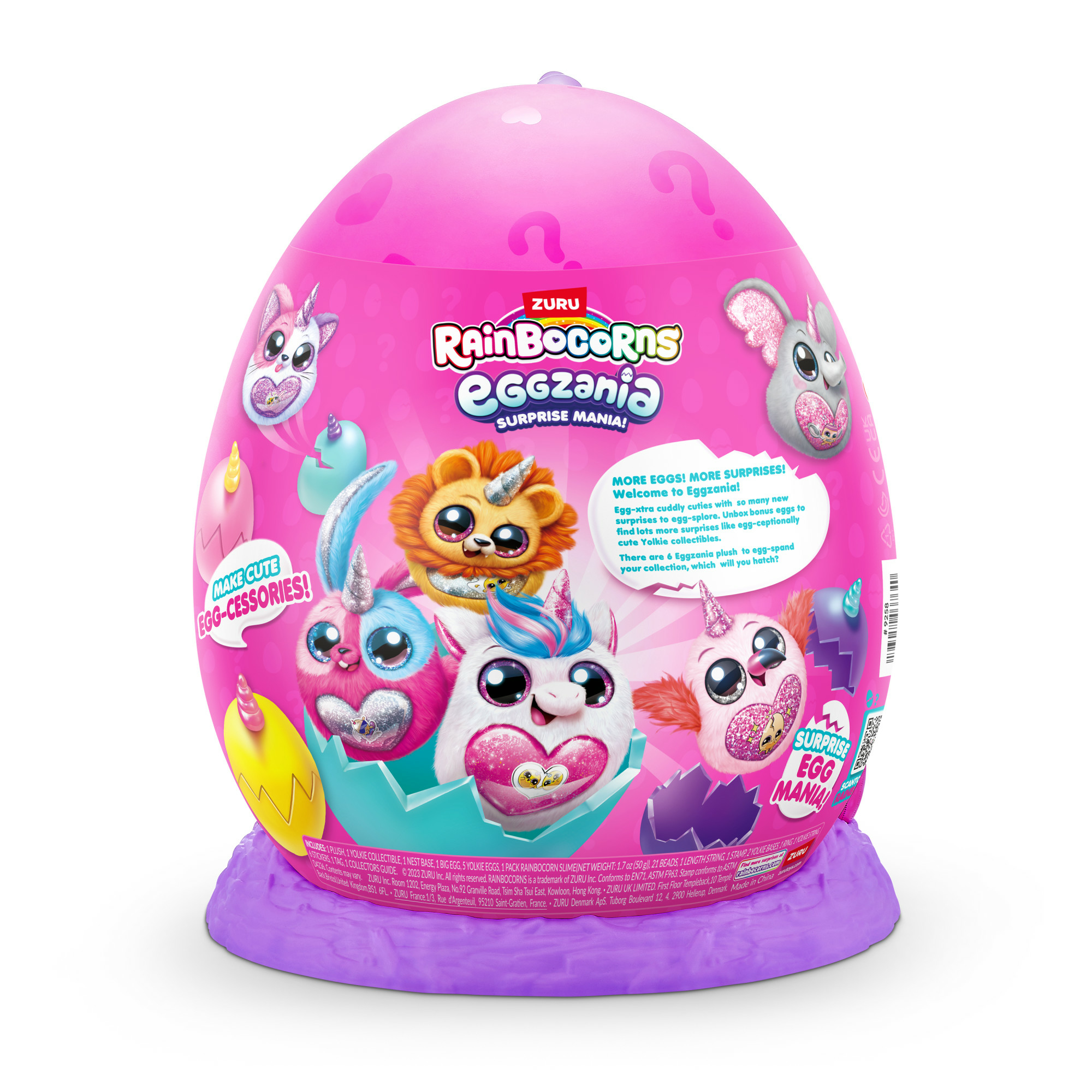 Un uovo sorpresa Rainbocorns Eggzania. È rosa con più personaggi di animali sul davanti.