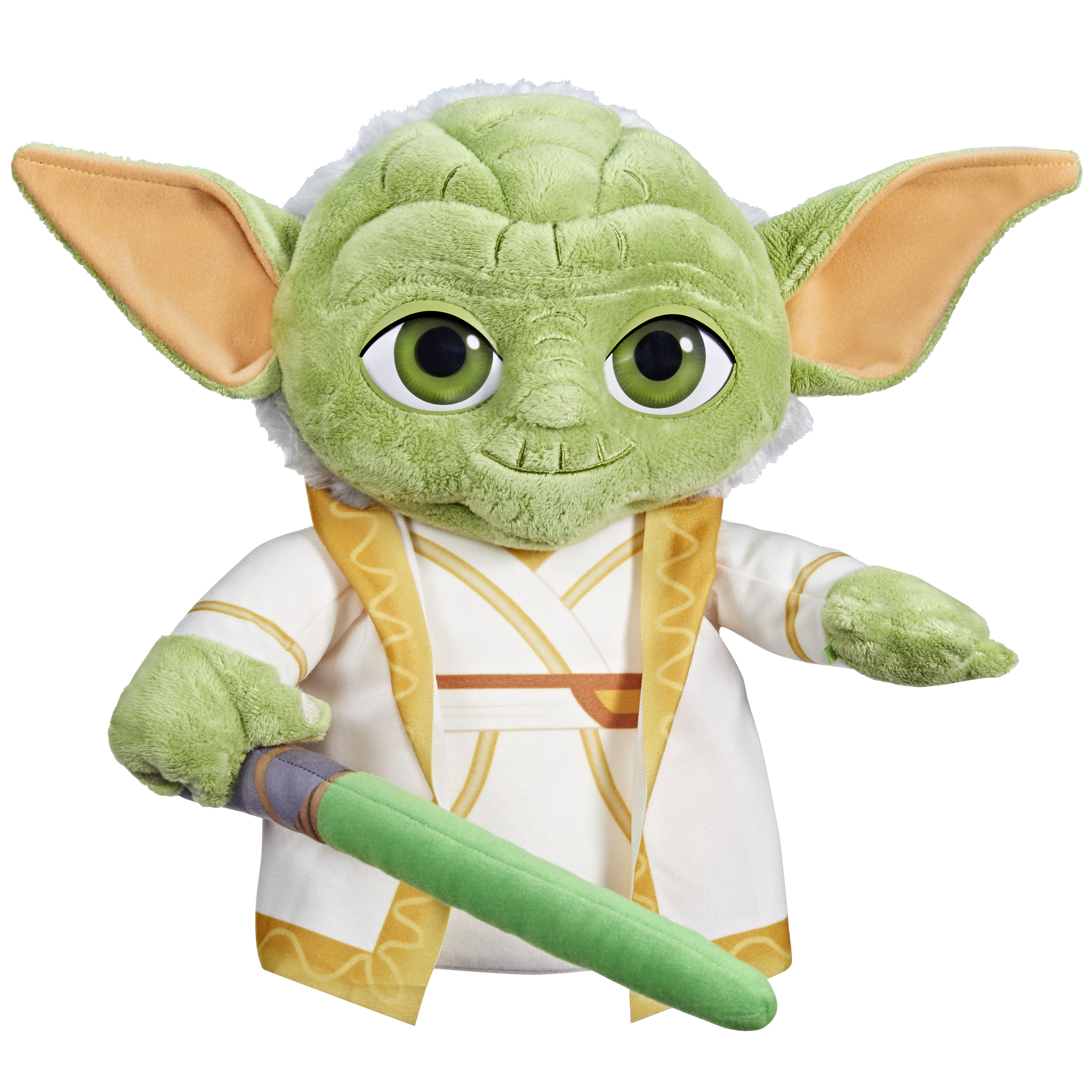 Peluche di Yoda con pelle verde, grandi occhi e una spada laser. Indossa una veste bianca con dettagli dorati.