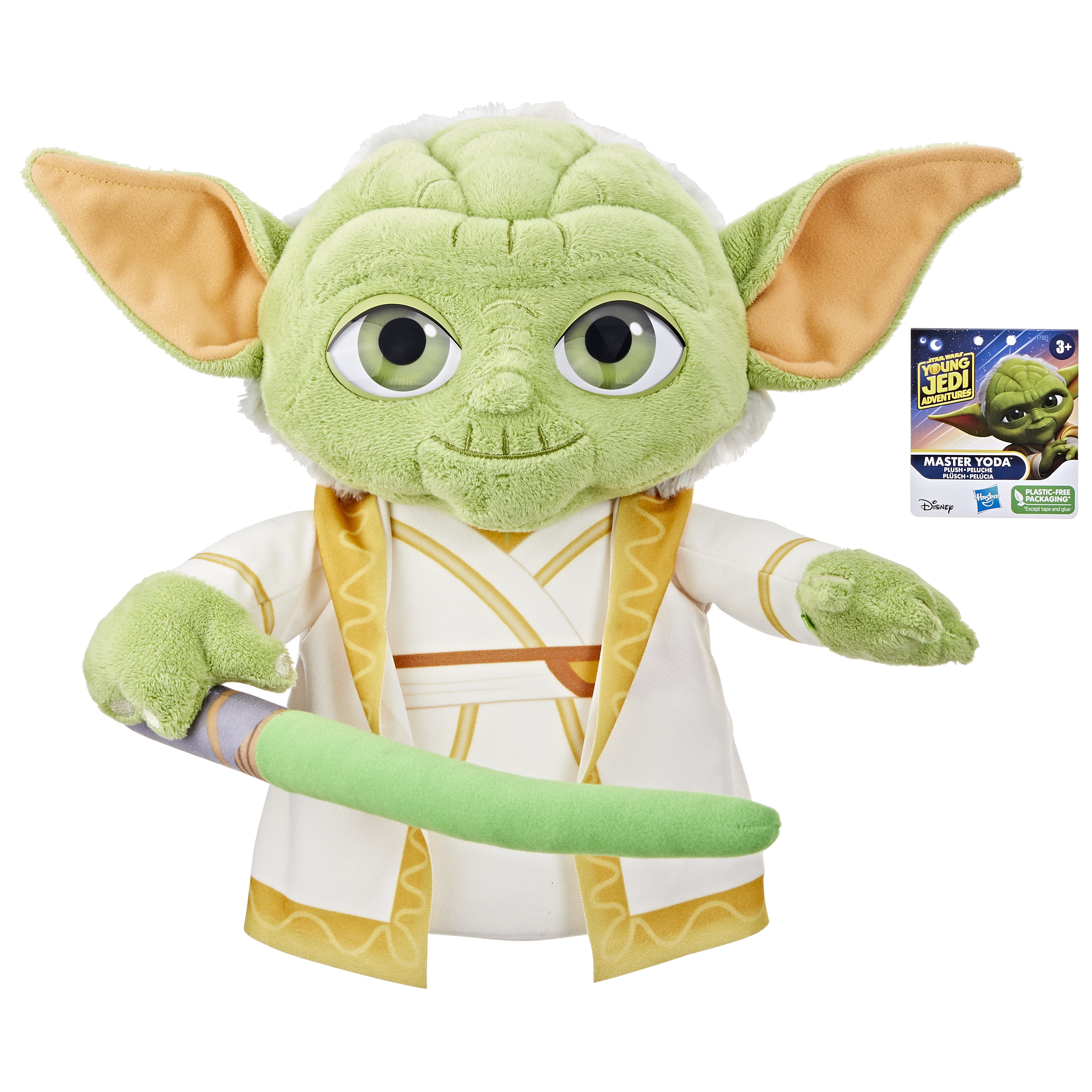 Peluche di Yoda con una spada laser verde. Indossa una veste bianca e ha un'etichetta del prodotto sullo sfondo.