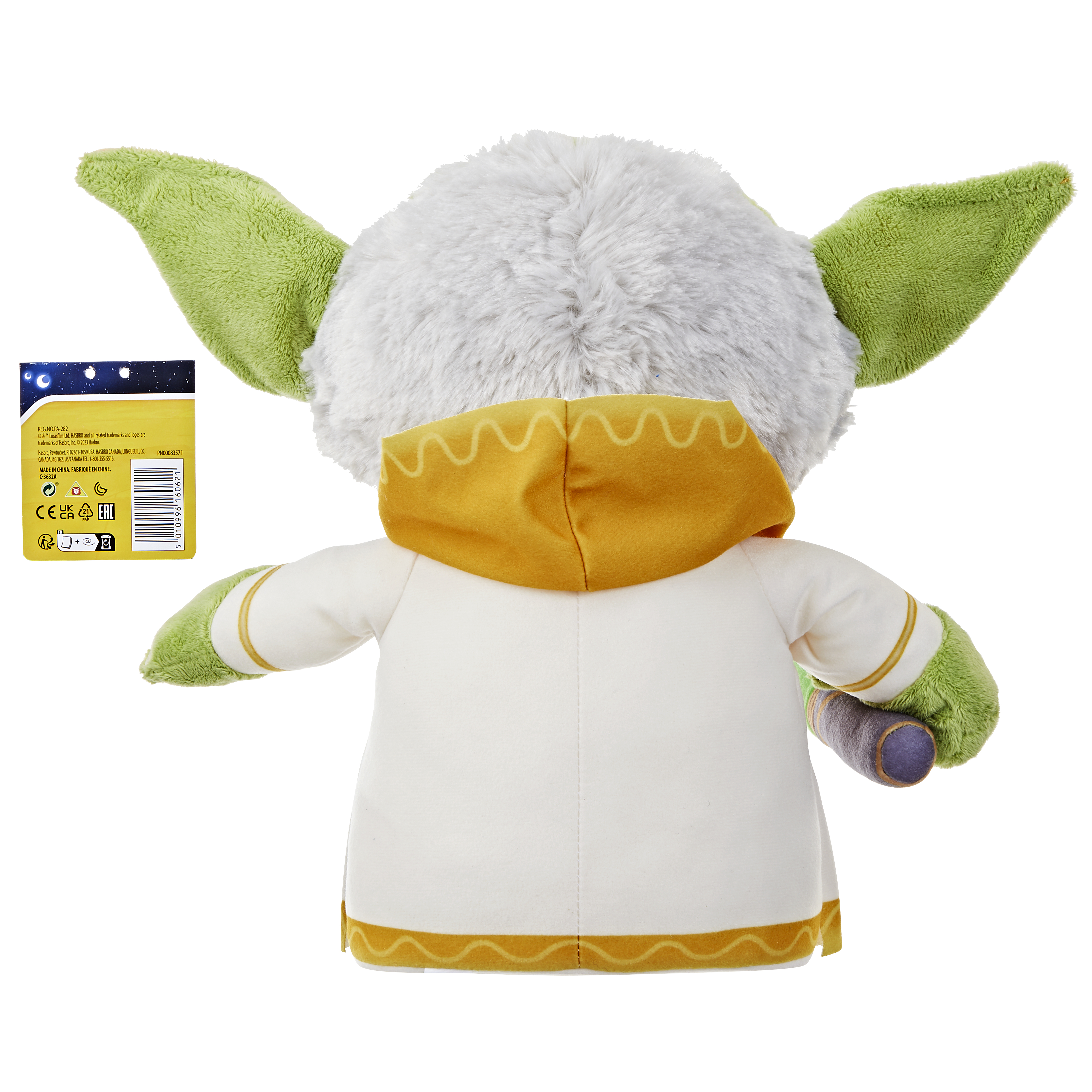 Peluche di Yoda di Star Wars con cappuccio e spada laser.