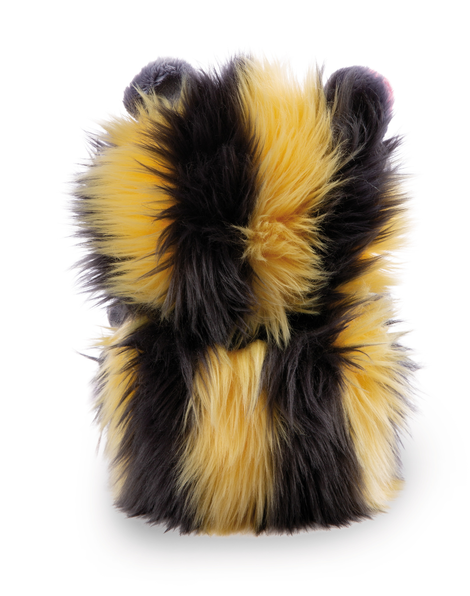 Pluszowa zabawka, która wygląda jak pszczoła, z żółtym i czarnym futrem. Widać ją od tyłu.