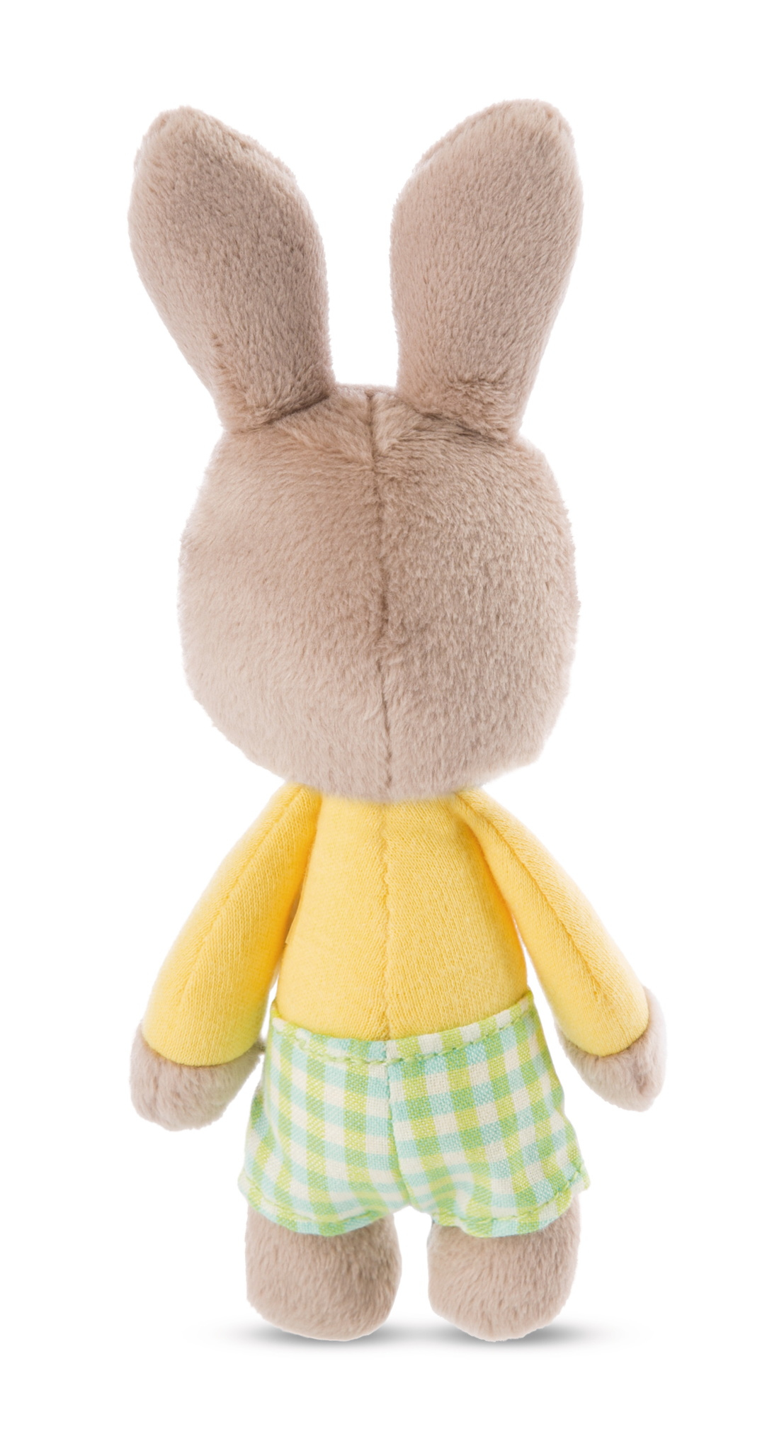 Widok z tyłu pluszowego królika w żółtej koszuli i krótkich spodenkach w kratę.