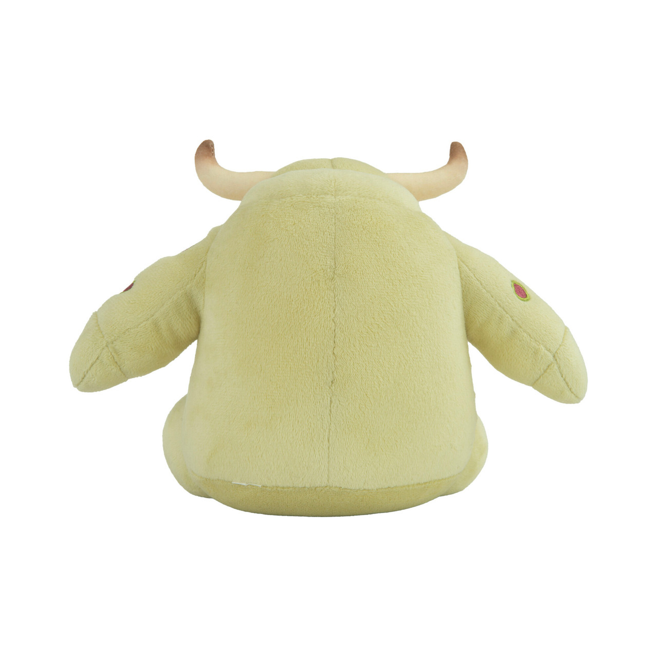 Un jouet taureau en peluche vert, vu de dos, avec des cornes. Le fond est blanc.