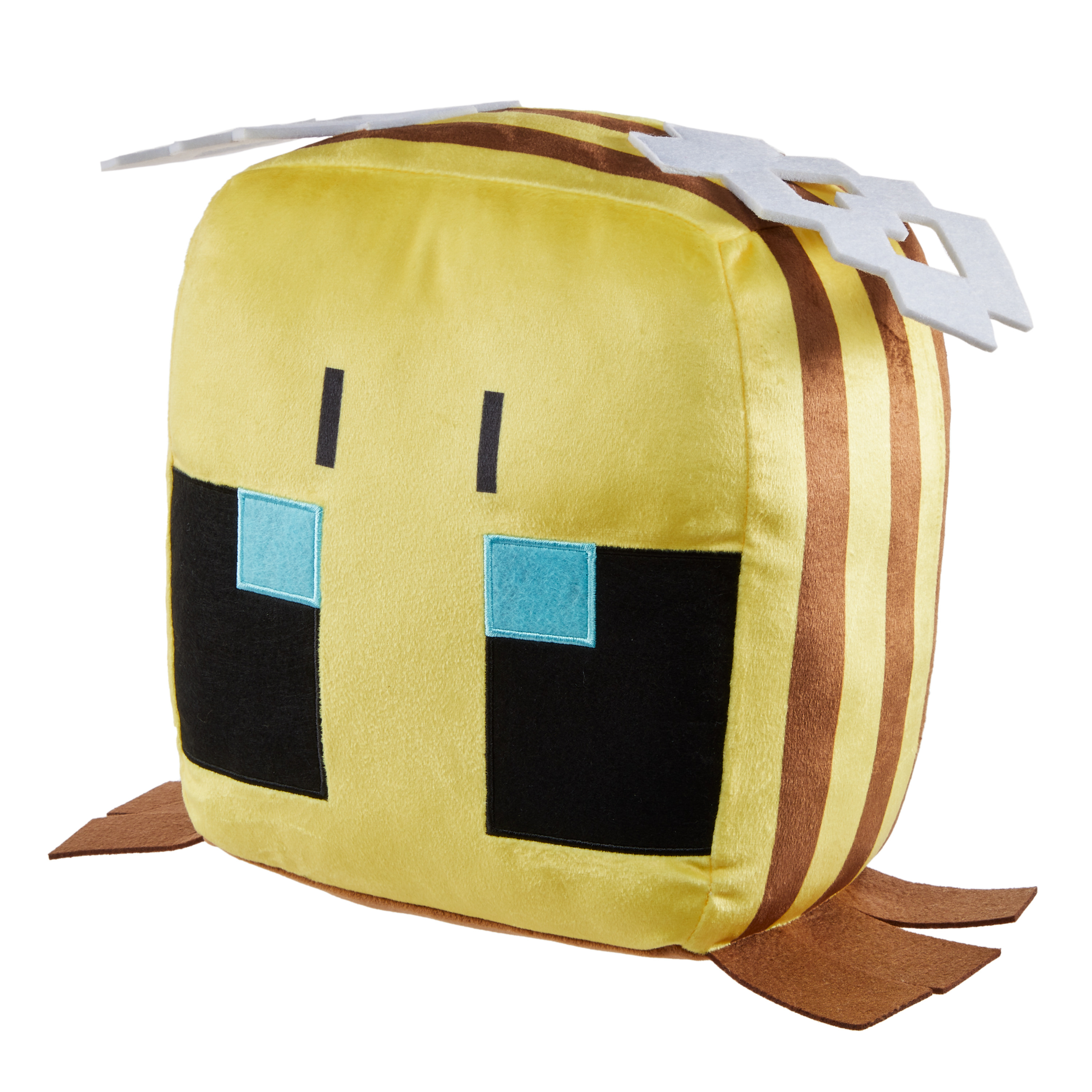 Gelbes Minecraft-Bienen-Plüschtier mit braunen Streifen und weißen Flügeln, aufrecht sitzend.