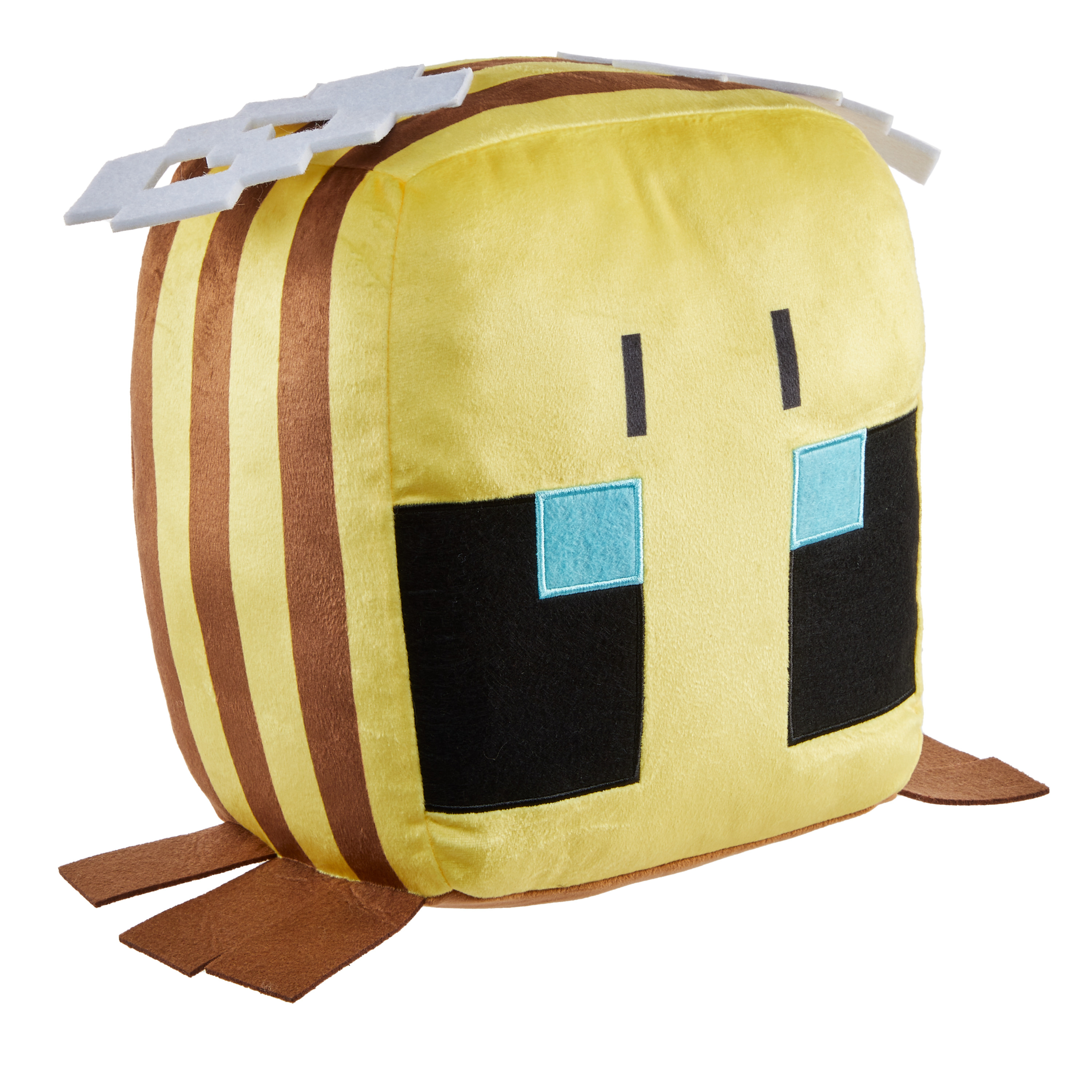 Ein Minecraft-Bienen-Plüschtier. Es ist gelb und braun mit großen Augen.