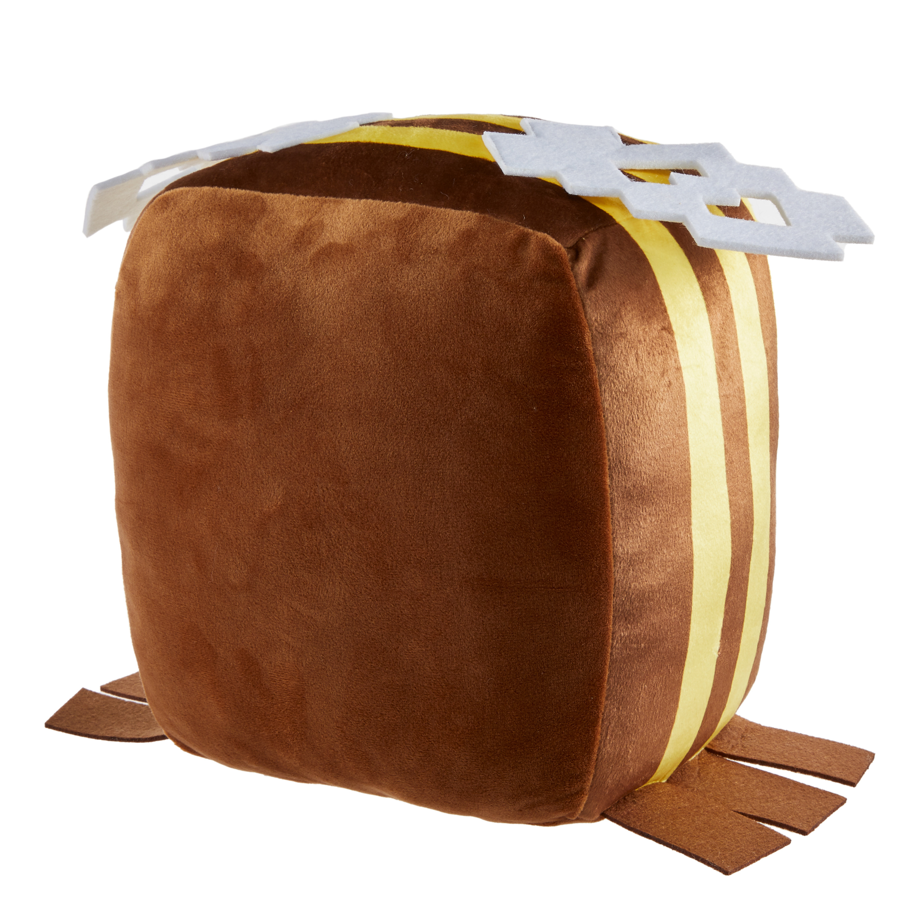 Ein Minecraft-Bienen-Plüschtier, würfelförmig, braun mit gelben Streifen, weißen Akzenten.