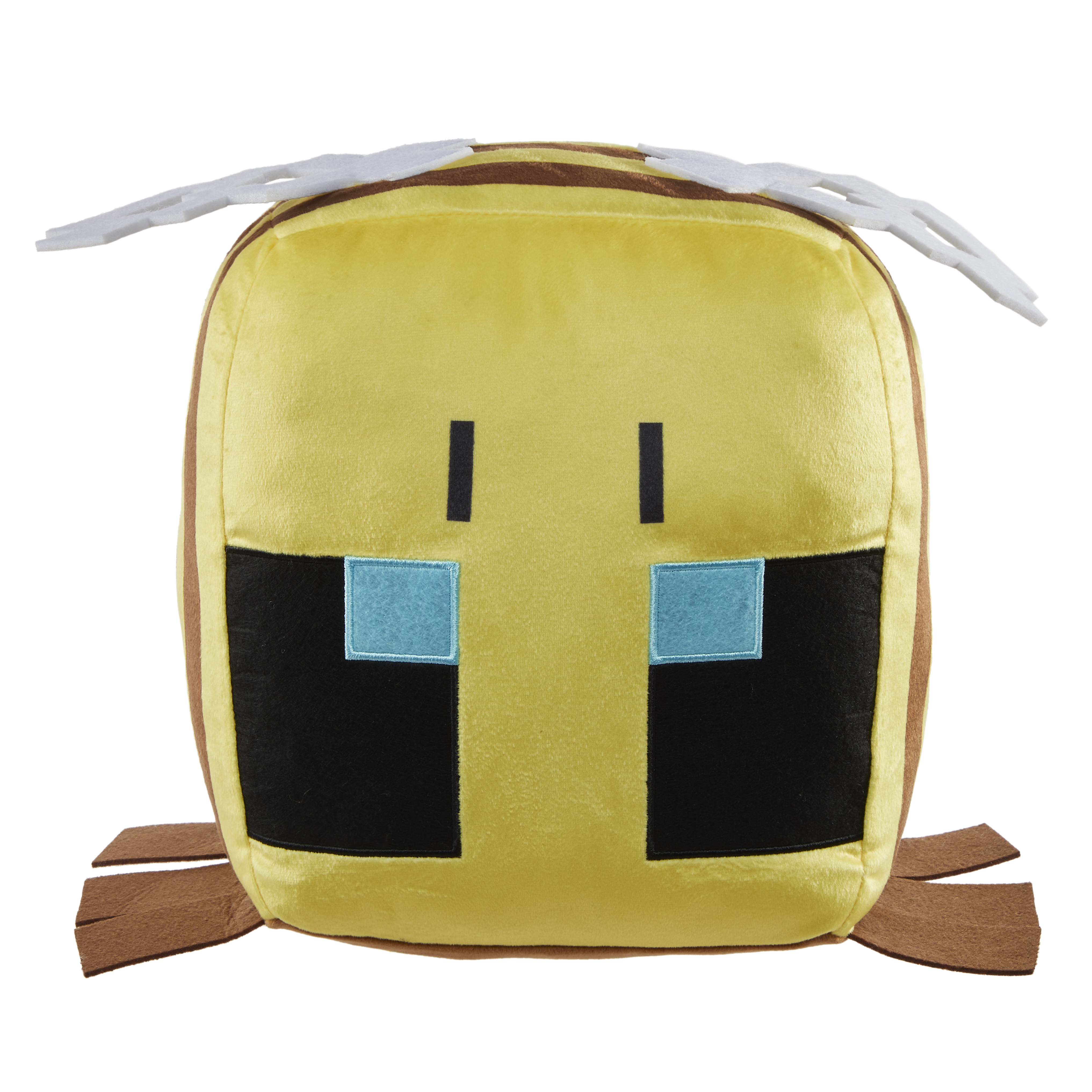 Ein Minecraft-Bienen-Plüschtier, gelb und braun, quadratisch mit schwarzen Augen.