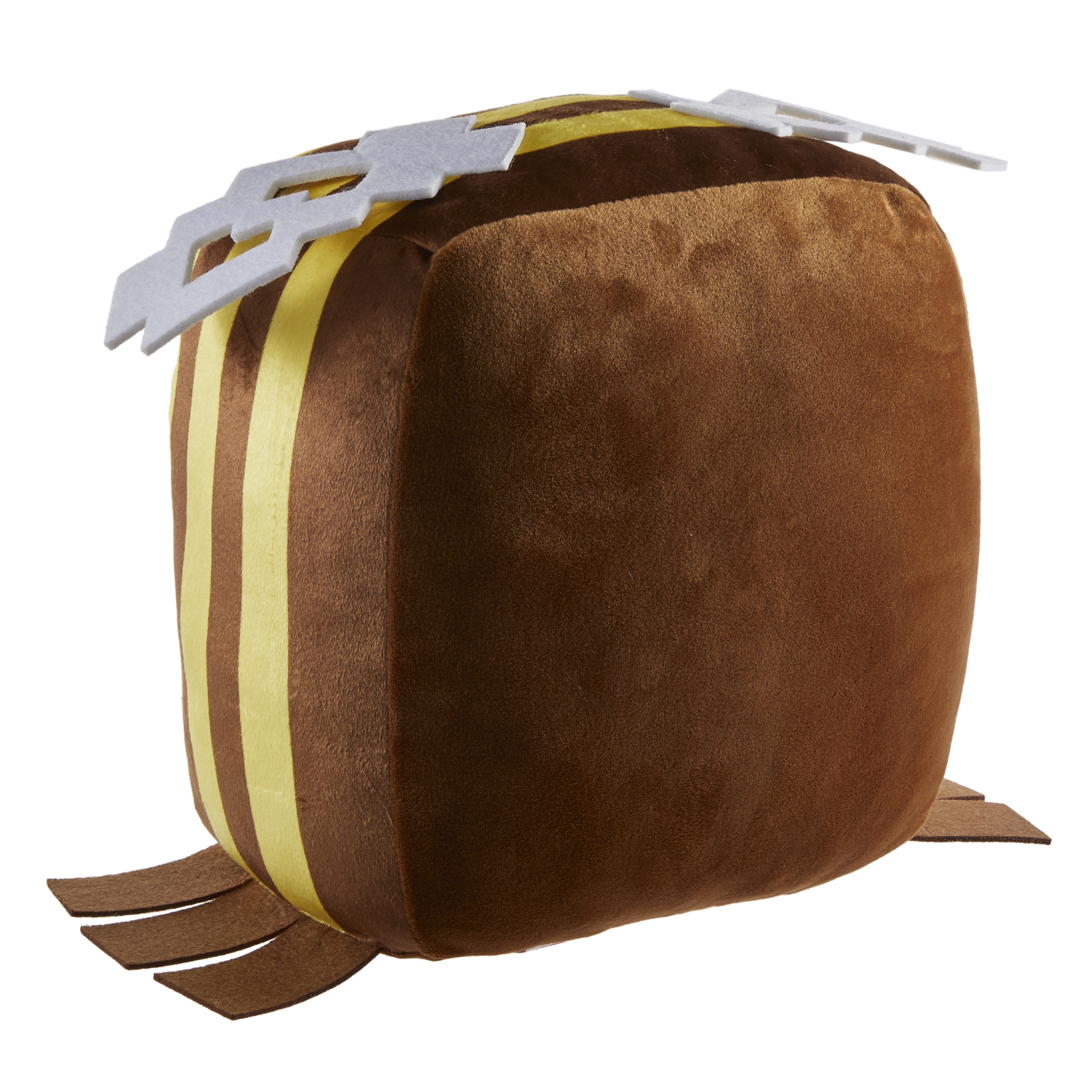 Ein Minecraft-Bienen-Plüschtier, würfelförmig, braun mit gelben Streifen, weißen Akzenten.
