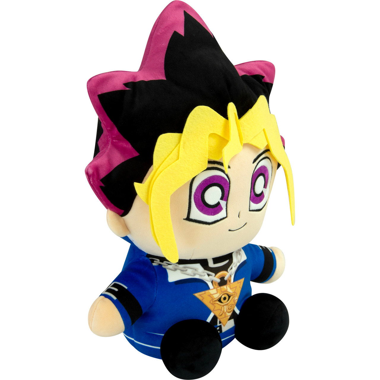 Yu-Gi-Oh-Plüschtier, ein Junge mit schwarzen und pinken Haaren, trägt eine blaue Jacke. Weißer Hintergrund.