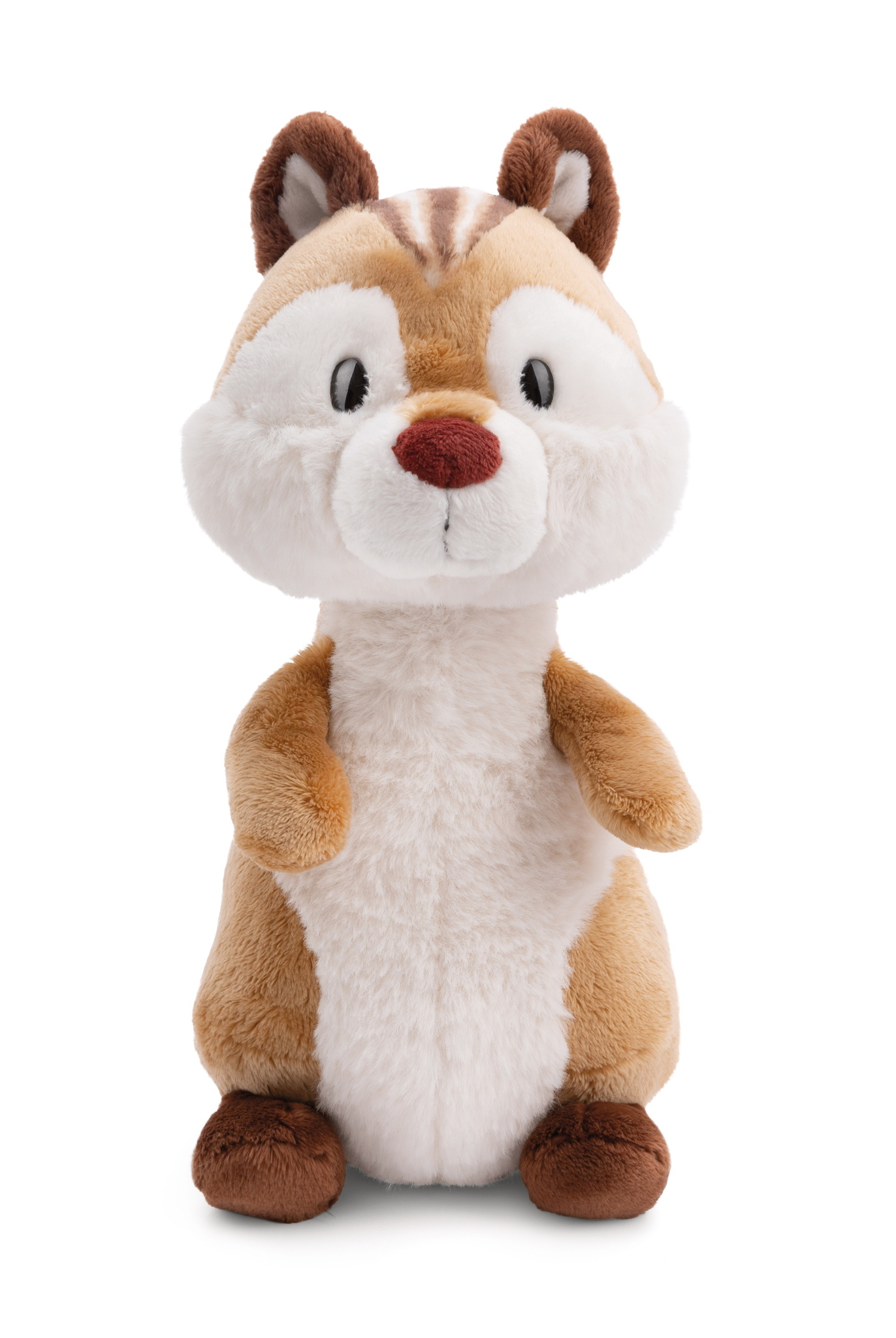 Pluszowa zabawka wiewiórki. Ma brązowe futro i biały brzuch i twarz. Białe tło.