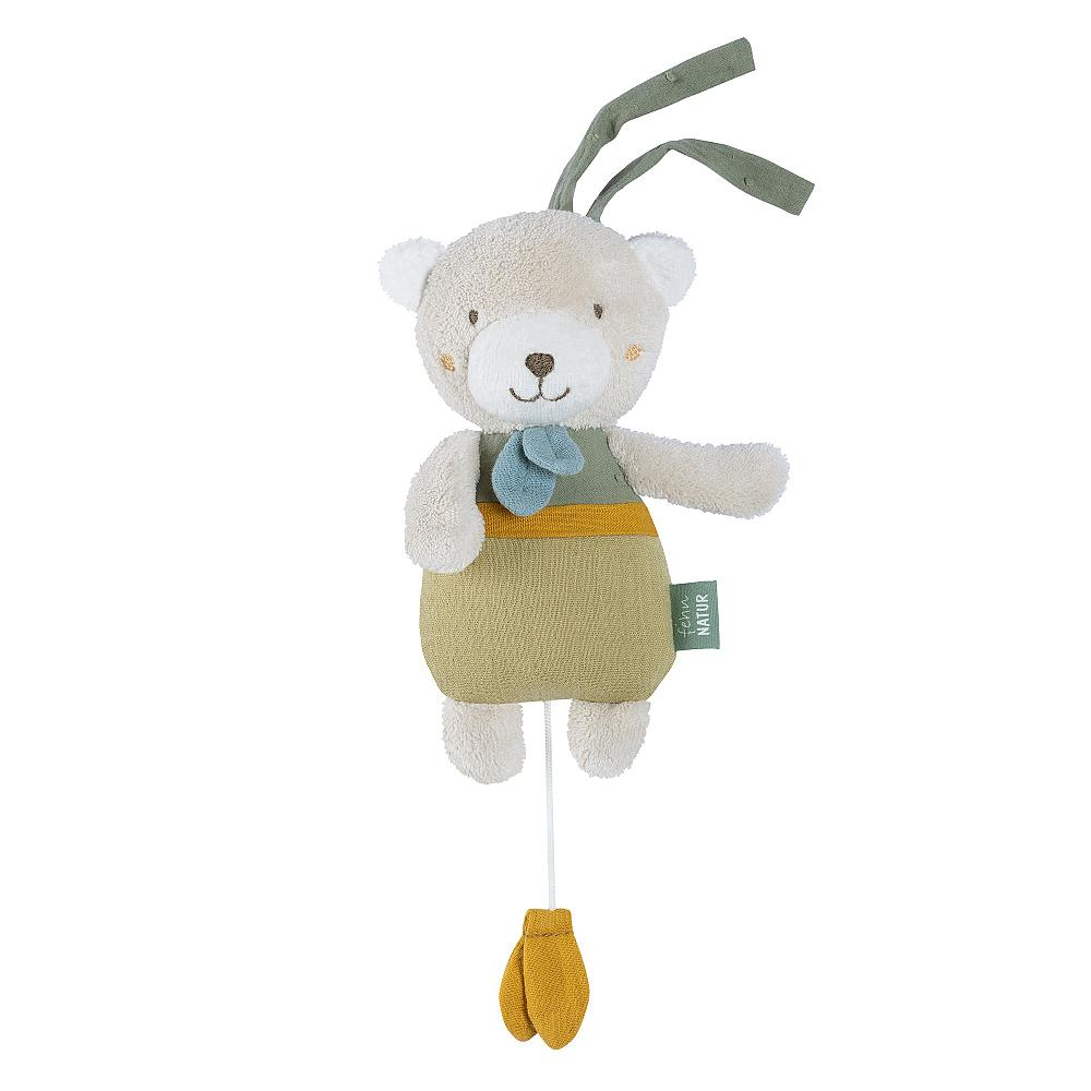 Un orsacchiotto di peluche con un cordino e un tirante giallo.