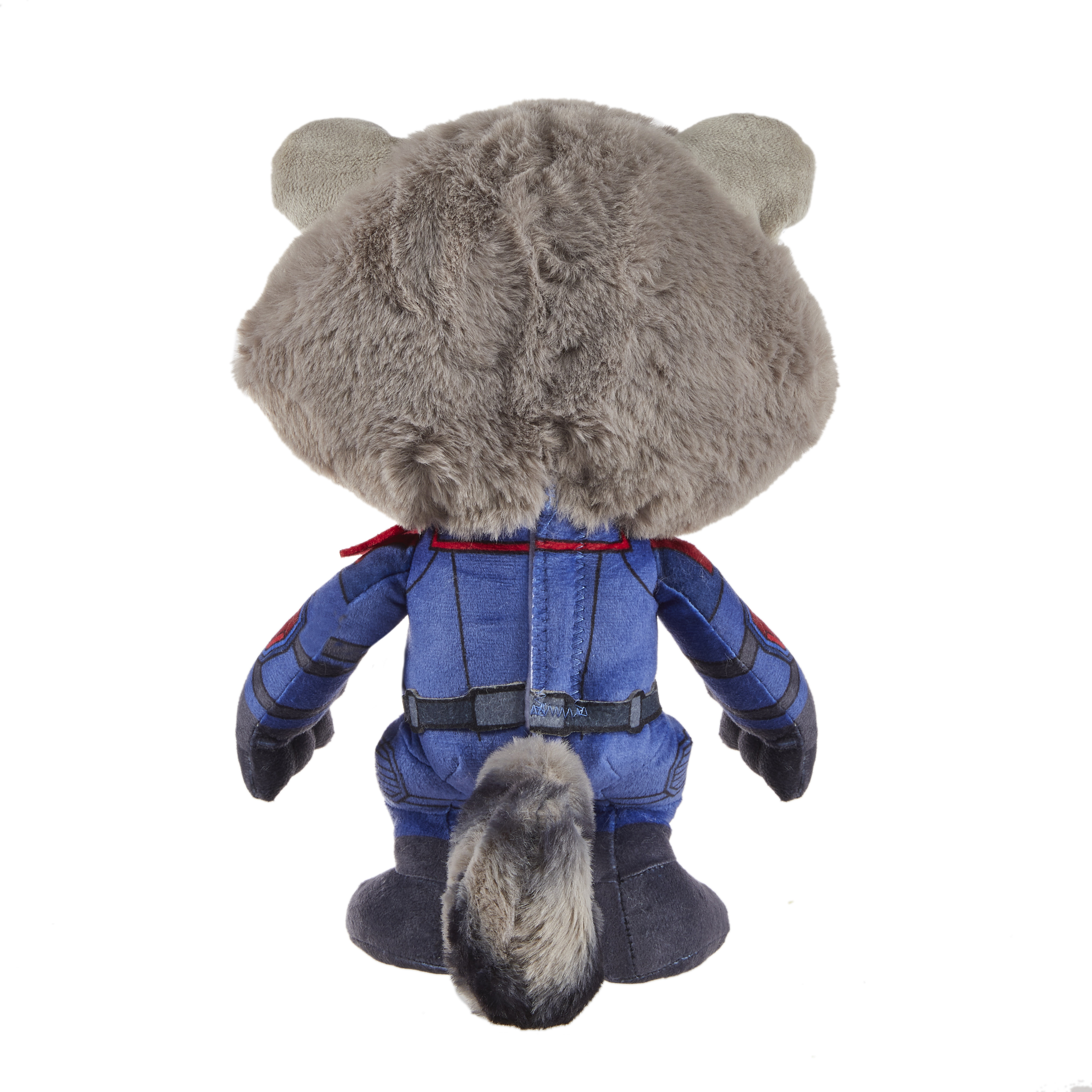 Vista posteriore del peluche Rocket Raccoon. Uniforme blu, colletto rosso e coda grigia.