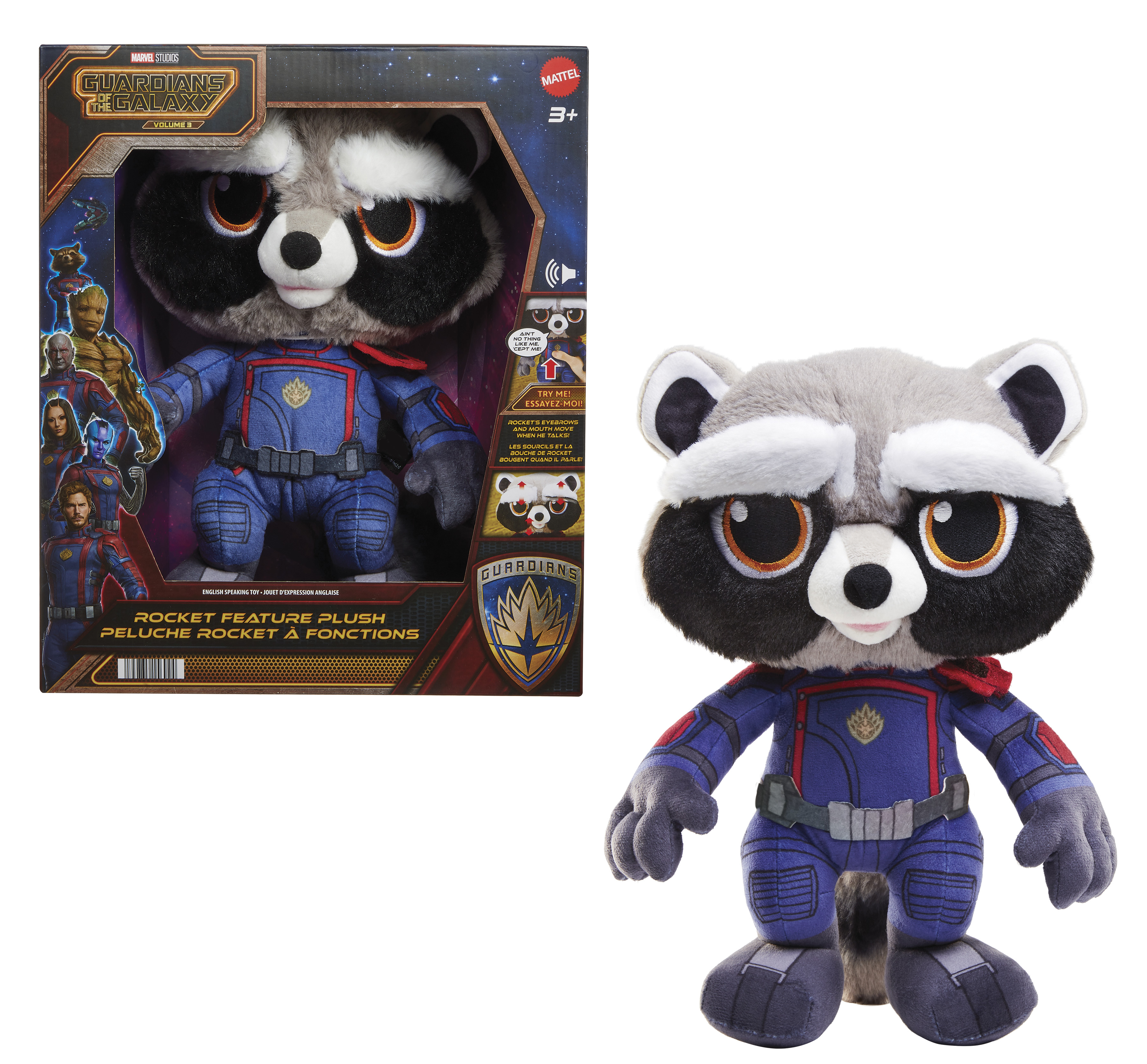 Peluche di Rocket, in scatola e separatamente. È un procione con un abito blu e un mantello rosso.