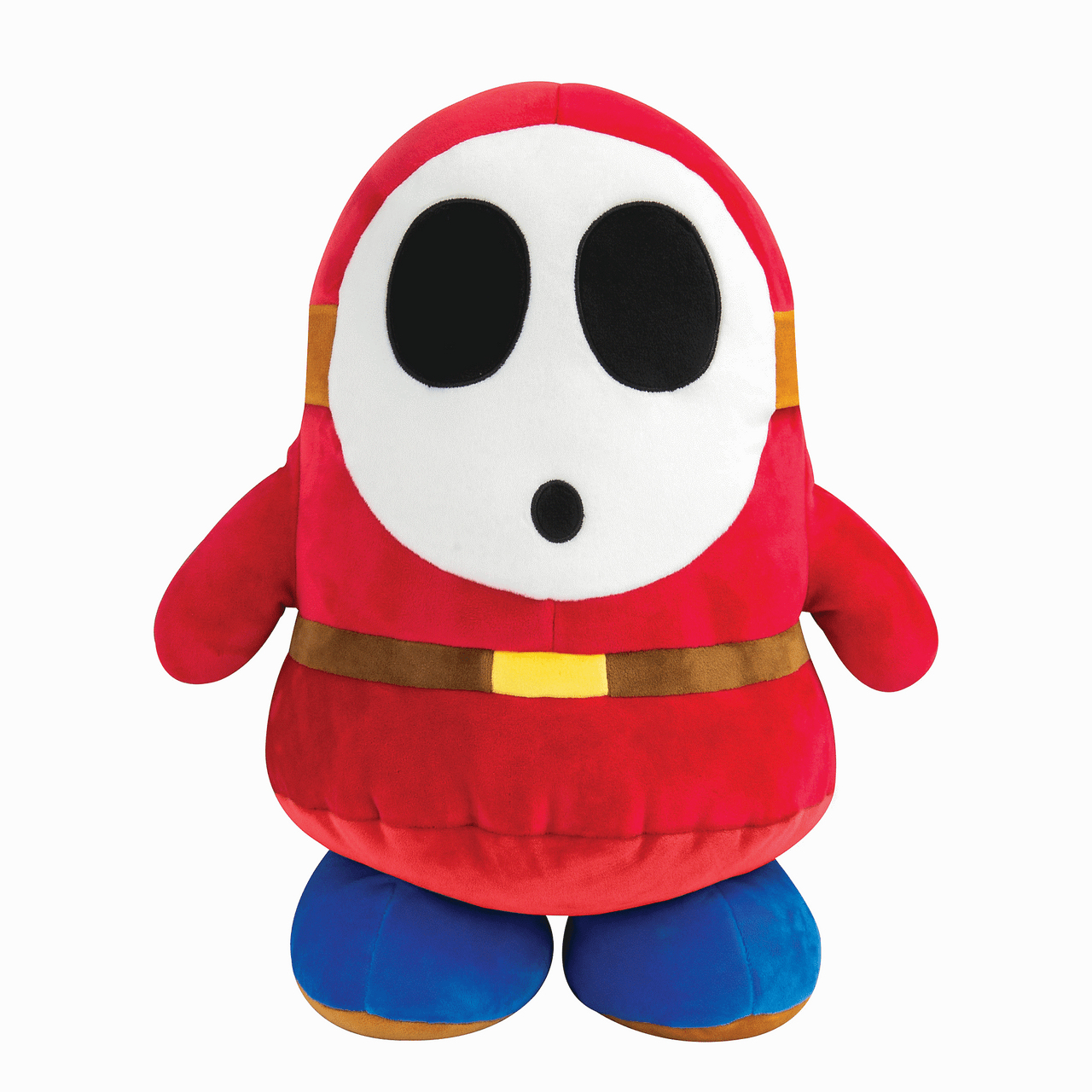 Peluche rosso, Shy Guy di Mario, con grandi occhi neri, un viso bianco e una cintura marrone.
