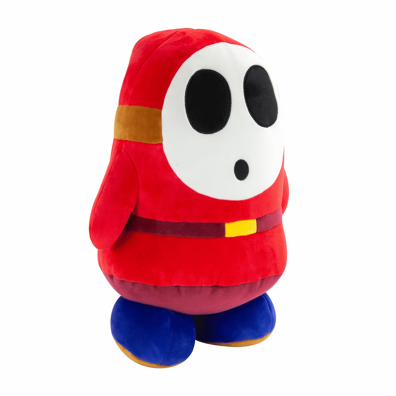 Peluche rosso di Shy Guy della serie Mario, con maschera bianca e scarpe blu.