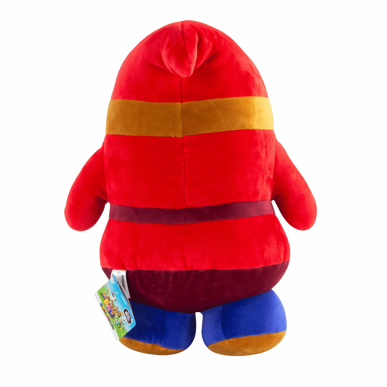 Figura di peluche rossa con dettagli marroni e blu. Ha un'etichetta attaccata ed è su sfondo bianco.