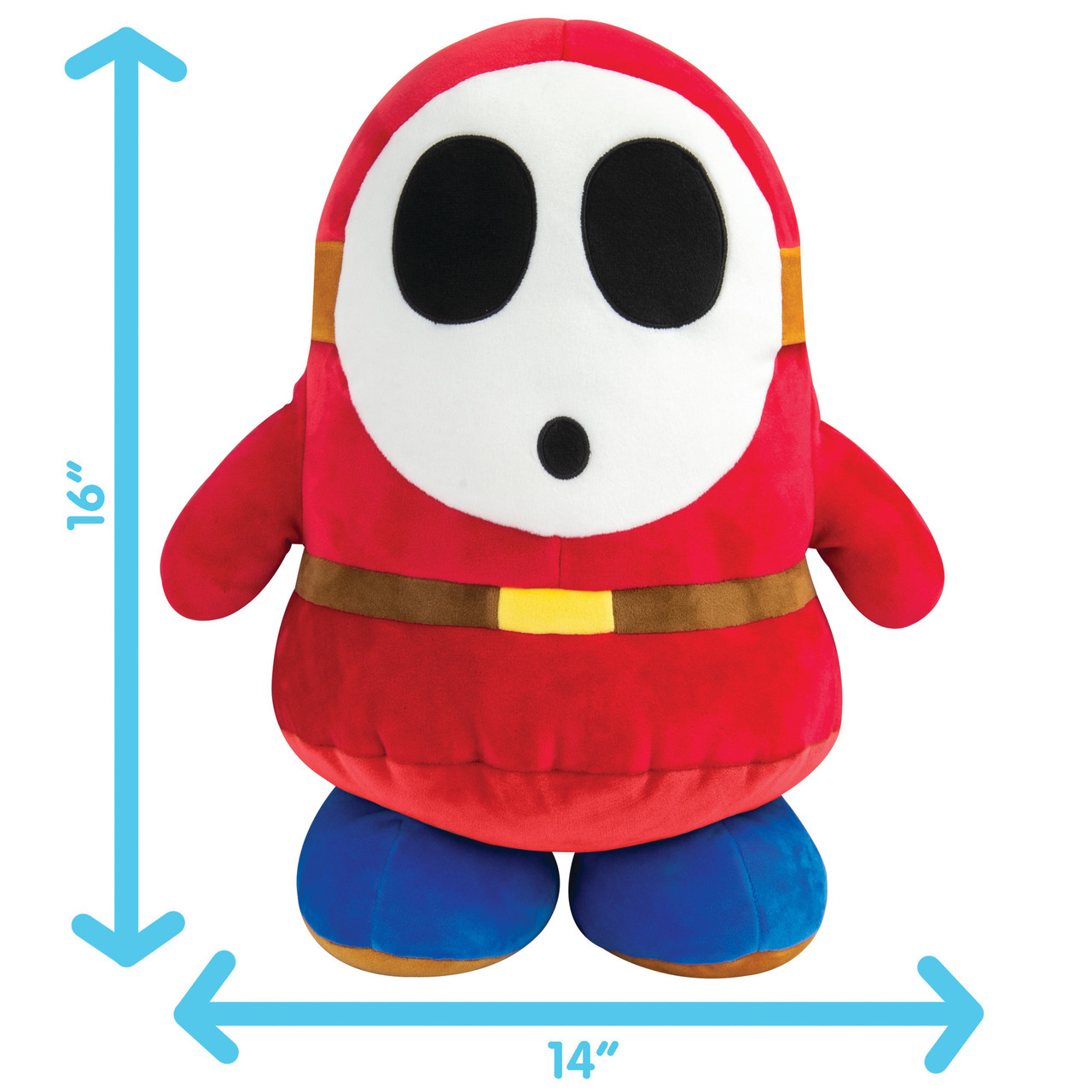 Peluche rosso di Shy Guy. Il giocattolo è alto 16" e largo 14" con frecce di misurazione.