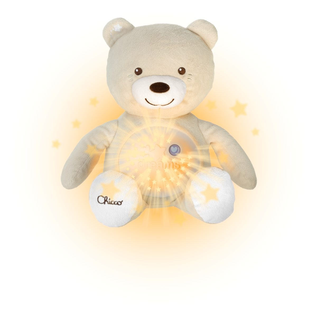 Orsetto di peluche beige con luce a stelle, un cuore e un bottone, con logo Chicco.