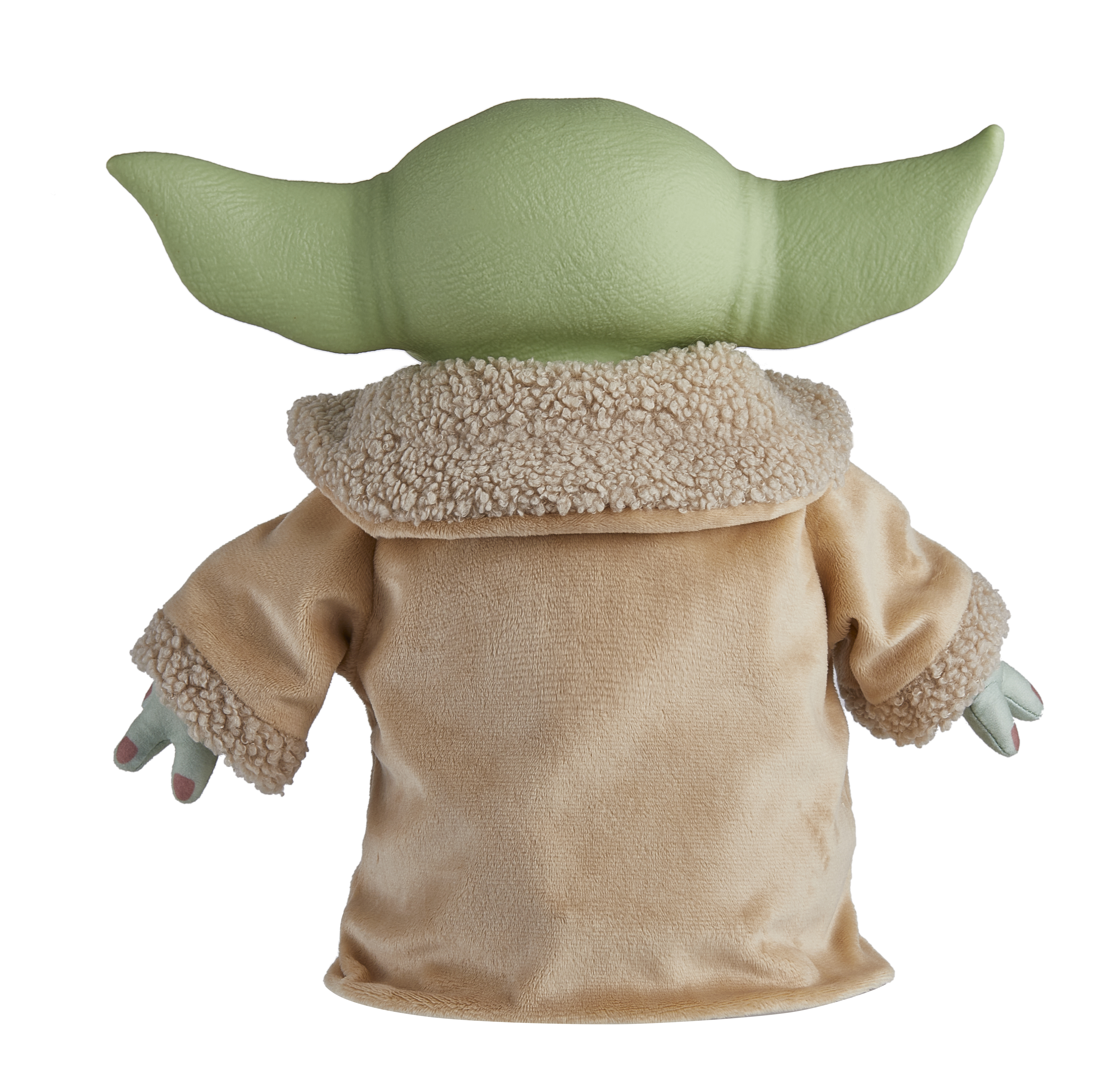 Rückansicht eines Baby Yoda-Plüschtiers mit beigem Umhang.