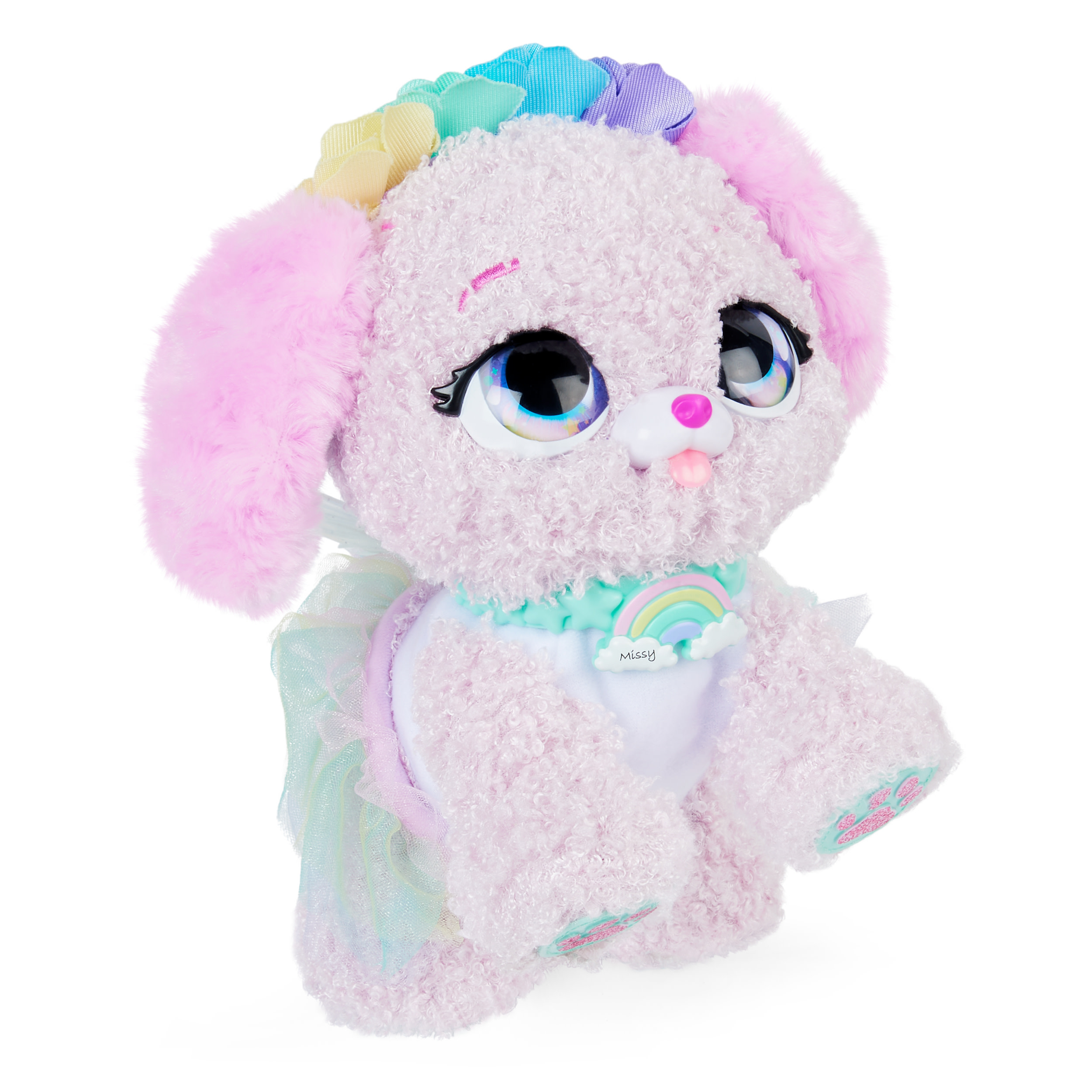 Różowa pluszowa zabawka psa z tęczową obrożą, kokardkami i tutu. Ma duże, wyraziste oczy.