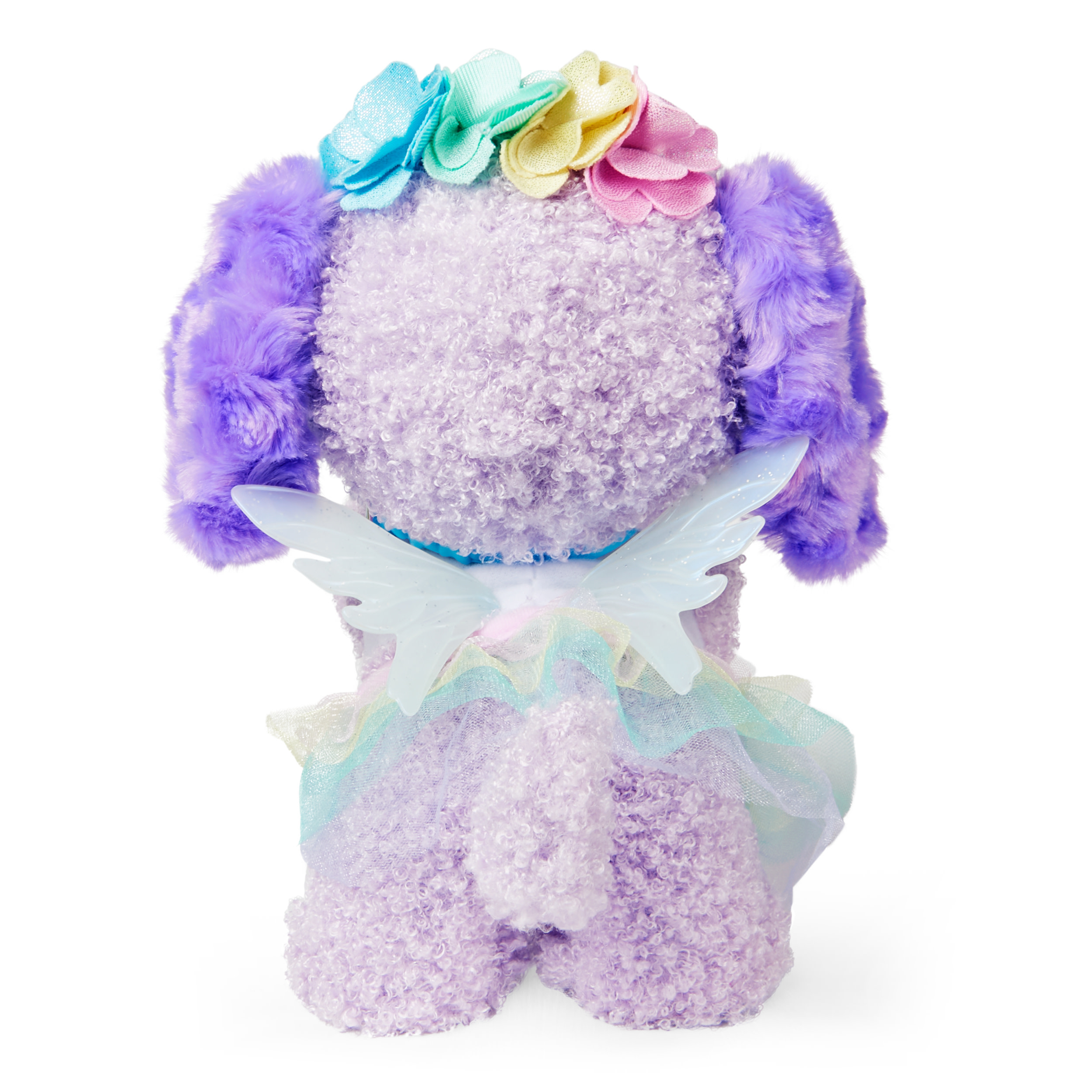 Fioletowa pluszowa zabawka psa z kwiatową koroną, skrzydłami wróżki, białe tło.