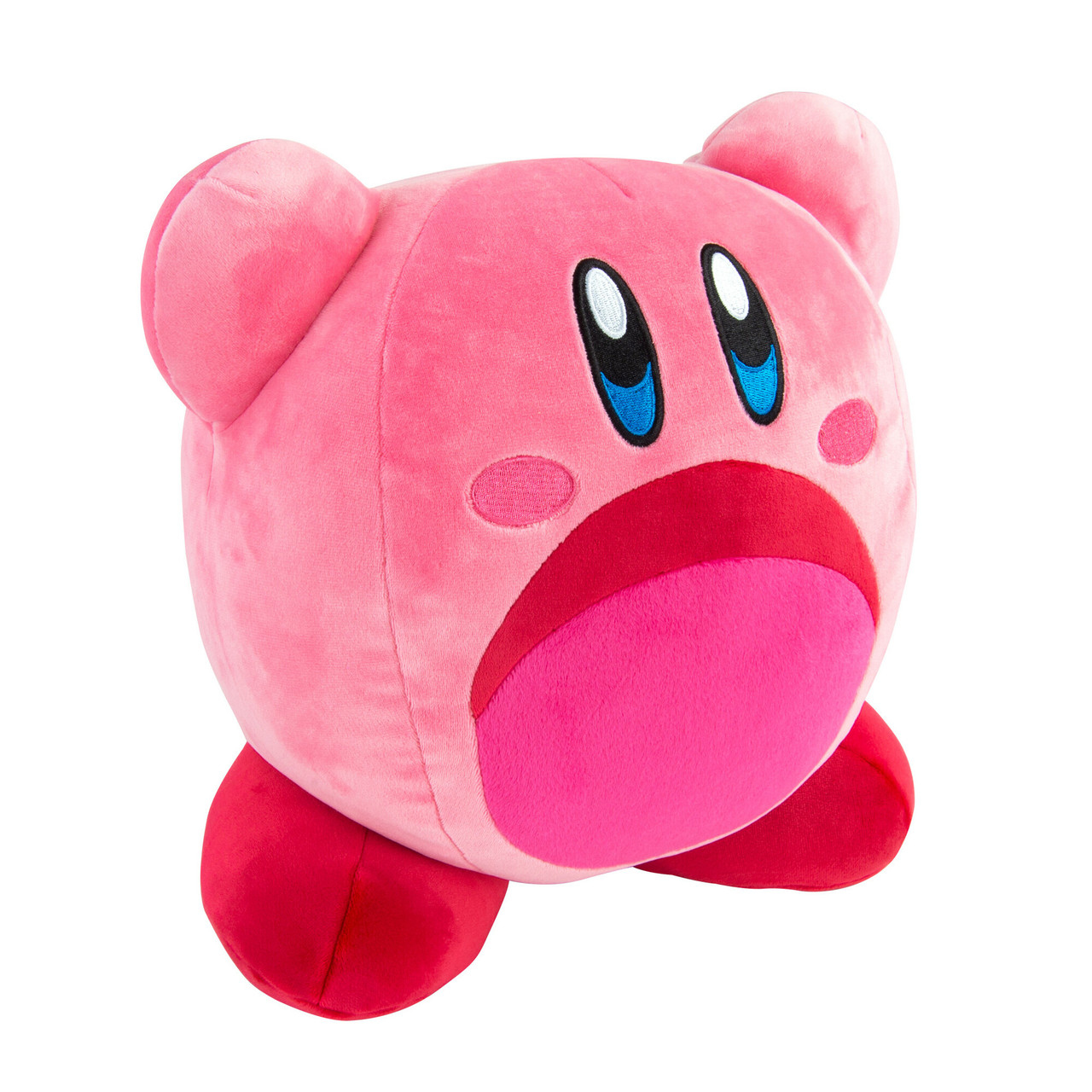 Różowa pluszowa zabawka Kirby z niebieskimi oczami.