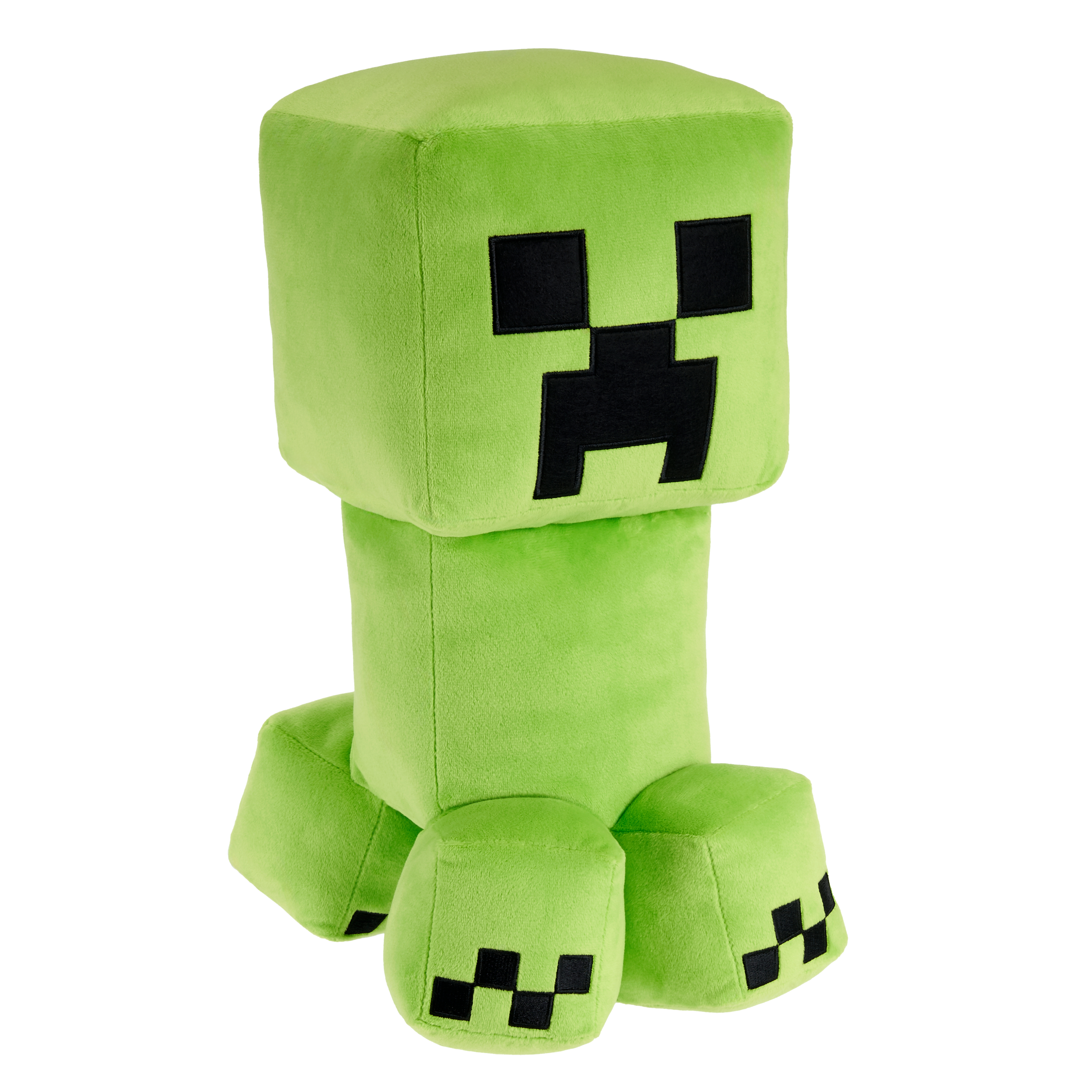 Un peluche verde di Creeper di Minecraft. Ha una testa e un corpo a blocchi, con lineamenti neri. Sfondo bianco.