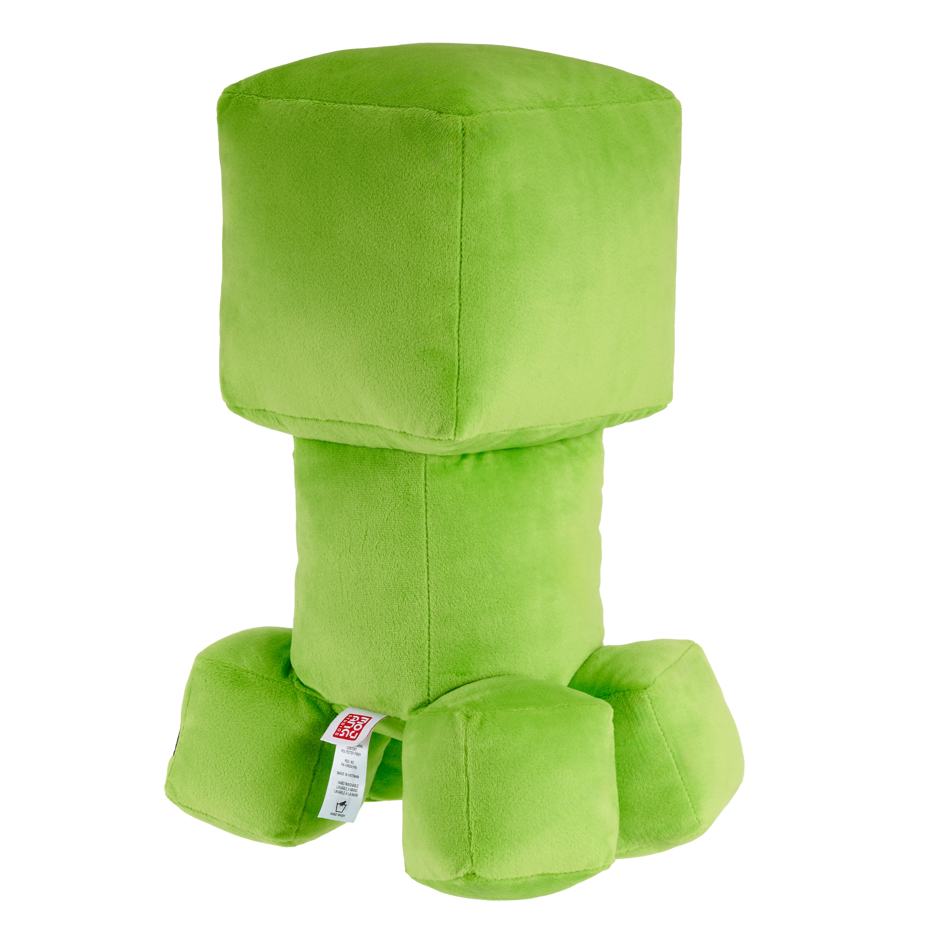 Un peluche verde di Creeper di Minecraft in piedi su uno sfondo bianco.